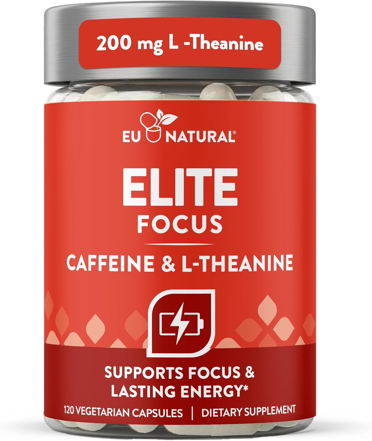 Elite Focus Caffeine Pills with L-Theanine, Jitter-Free Energy, 120 Caps