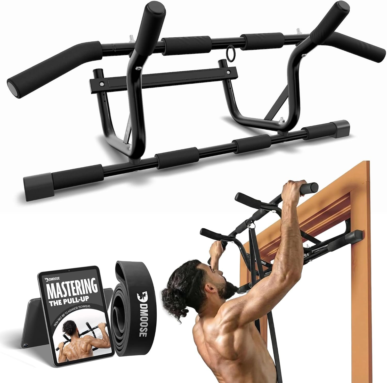 DMoose Fitness Pull Up Bar for Doorway – No Screwing or Slipping, Hanging Pullup & Chin Up Bar for Door Frame – Multi Grips for Strength Training with Installation Guide