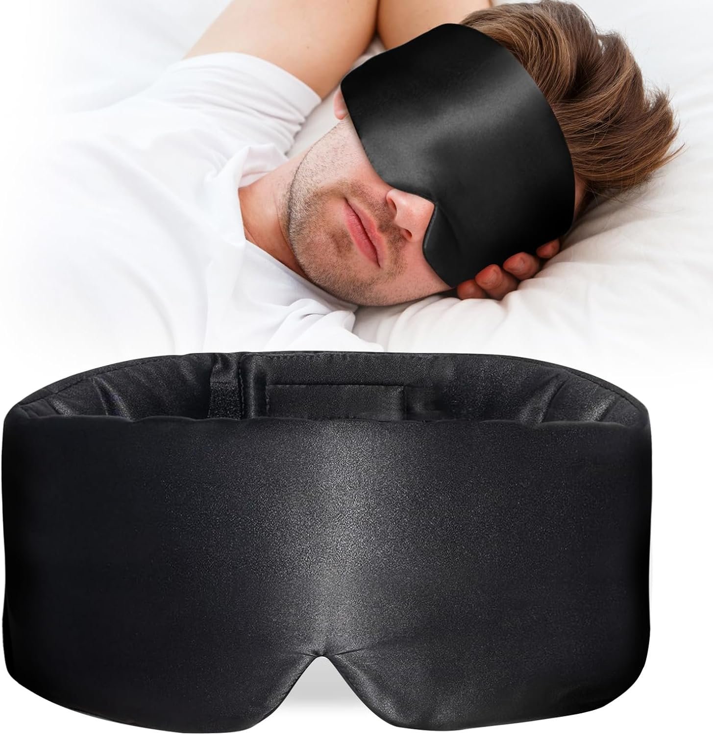100% Mulberry Silk Sleep Mask, Large Eye Cover for Sleeping, Comfortable and Pressure-Free Sleeping Masks for Women Men, Completely Blackout (Black)