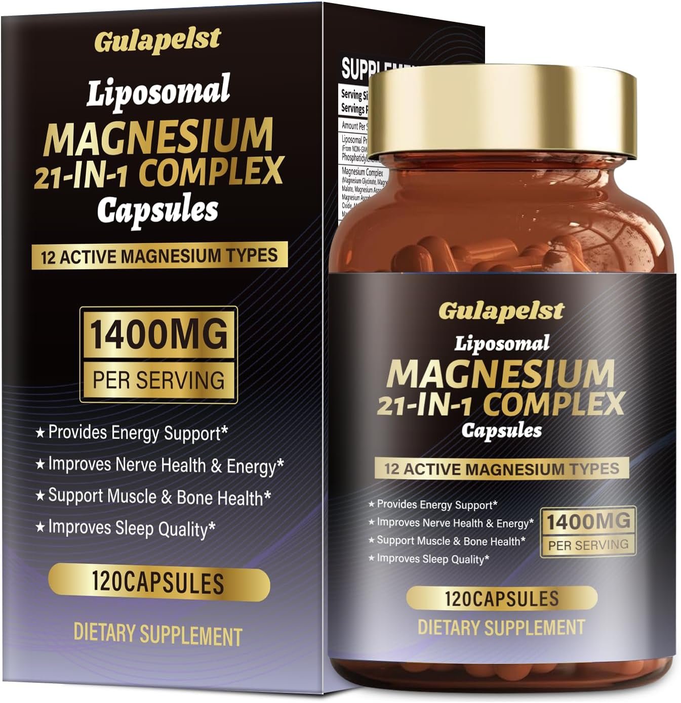 21 in 1 Liposomal 1400mg Magnesium Complex (Citrate, Glycinate, Malate etc) Capsule – 12 Active Types Magnesium with Vitamin D3, B6, B12, C, Ashwagandha & CoQ10 for Women & Men – Support Bone & Muscle