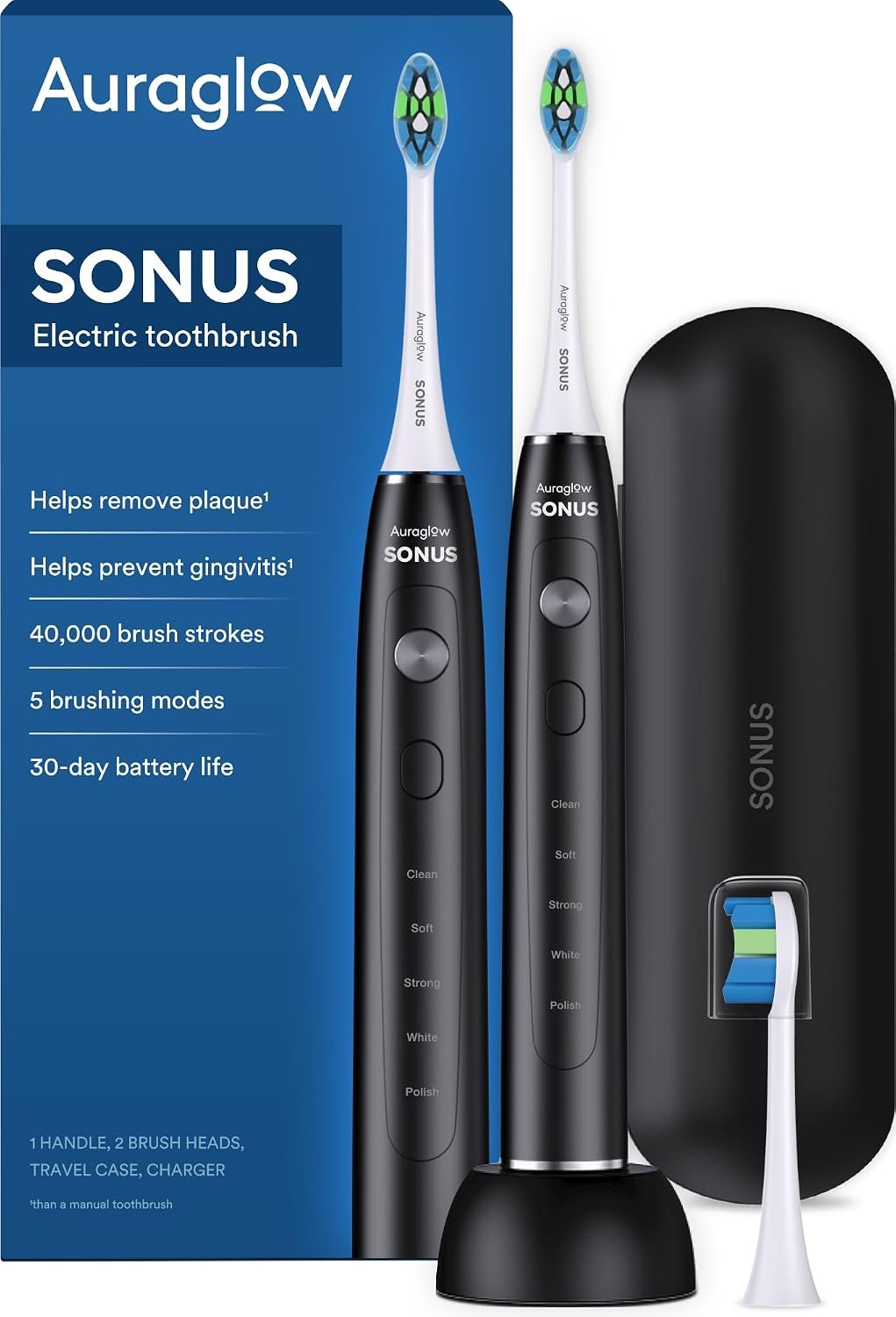 AURAGLOW Electric Toothbrush for Adults, Strong Sonic Toothbrush, 40,000 VPM, Rechargeable, 5 Modes, Removes 10x More Plaque, IPX7, 30-Day Battery, 2 Brush Heads & Travel Case