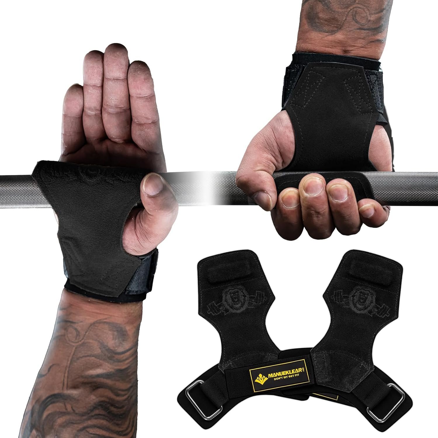 MANUEKLEAR Double Leather Weight Lifting Straps with Cushion Wrist Loop