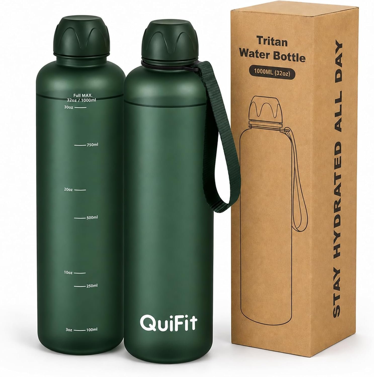 Slim Water Bottle 32 OZ with Stainless Steel Lid, Dishwasher Safe 1 Liter Plastic Water Bottle BPA-Free, Leakproof Lightweight with Time Marker, Reusable for Running School Sport Gym Travel Hiking