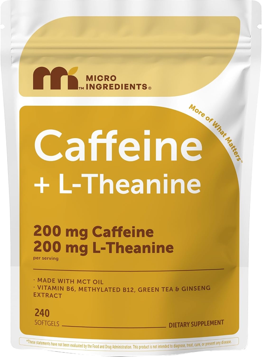 Caffeine Pills 200 mg with L-Theanine 200 mg Per Serving, 240 Softgels