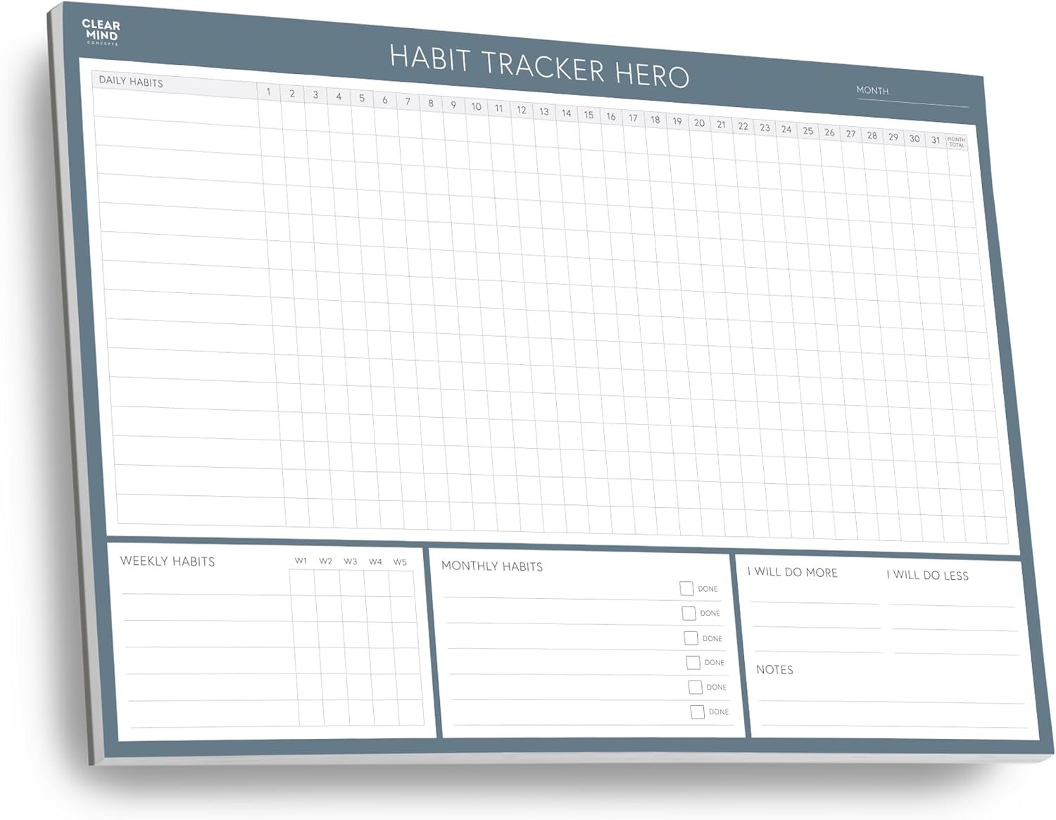 Habit Tracker Hero Desk Pad by Clear Mind Concepts® – 24 Monthly Undated Tear-Off Sheets – 160gsm Thick Paper – Includes Daily & Weekly Sections – A4 Size (Grey Blue, A4 Landscape)