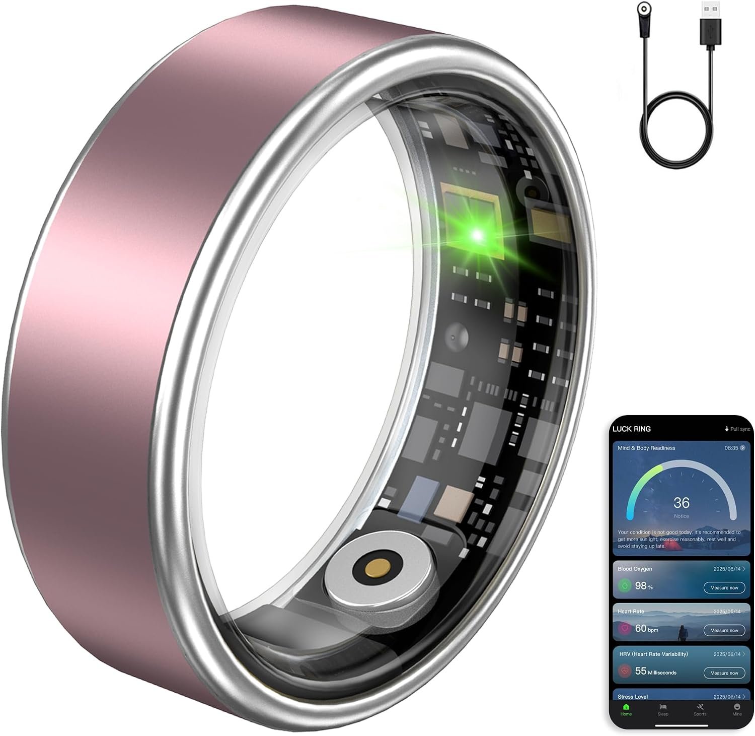 Smart Ring Fitness Tracker Ring for Women & Men, Sleep/Step/Blood Oxygen/Heart Rate Monitor, Long-Lasting Battery Sleep Ring, No Subscription Fee (Matte Pink, #7)