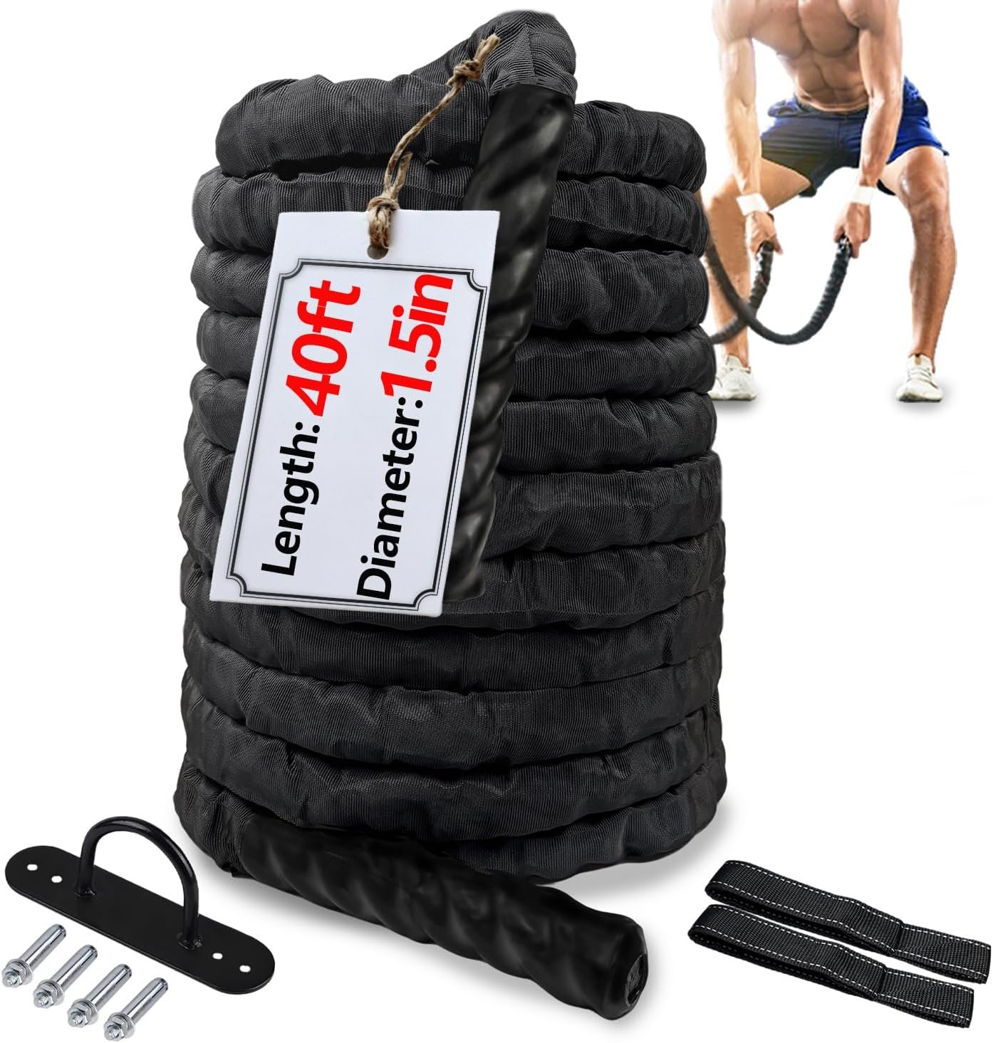 1.5 Inch 40ft Heavy Weighted Training Exercise Ropes Fitness Equipment with Sleeve and Anchor Strap Kit for Outdoor Working Out,Battle Rope for Home Gym Workout.