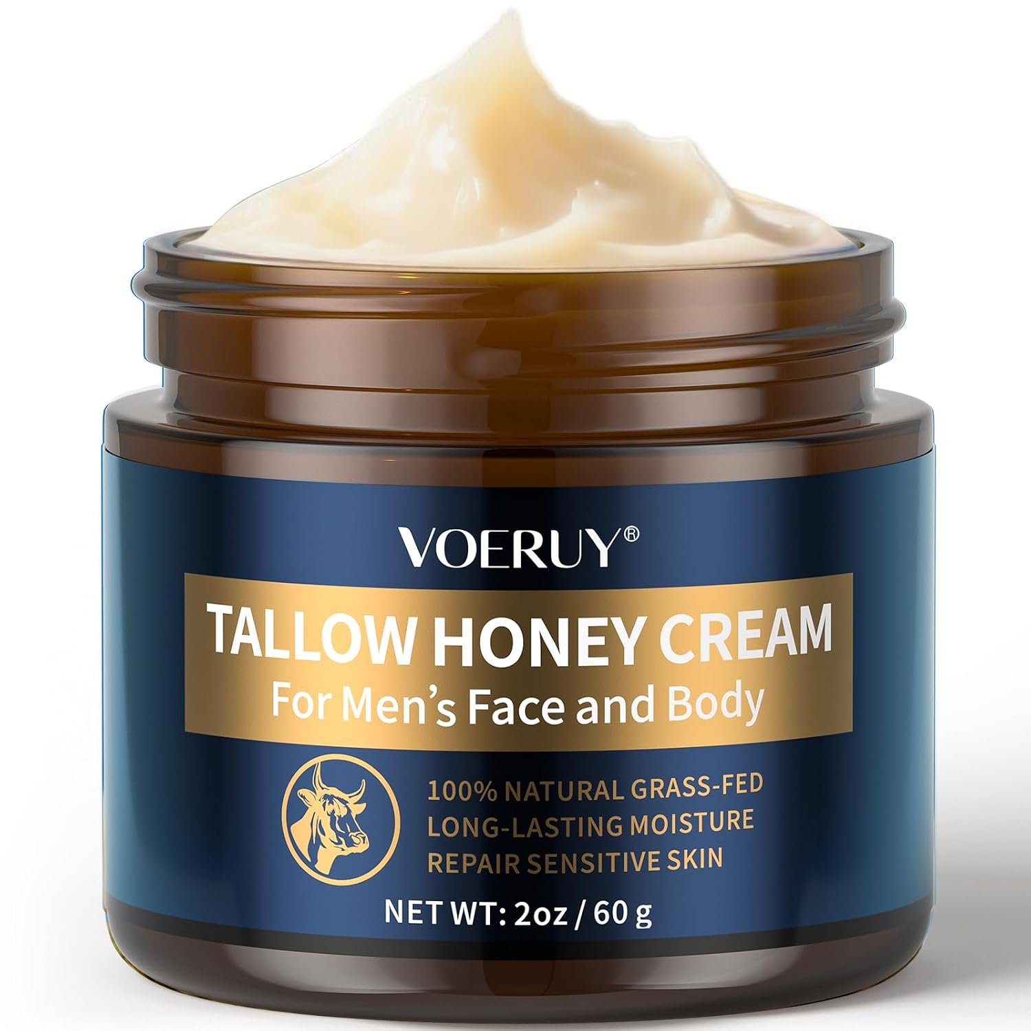 VOERUY Mens Face Moisturizer Cream – Anti Aging & Wrinkle for Men with Tallow Balm & Raw Honey, Natural Grass-Fed Tallow Moisturizer for Face, Facial Skin Care & Eye Lotion – Day & Night, 2oz/60g