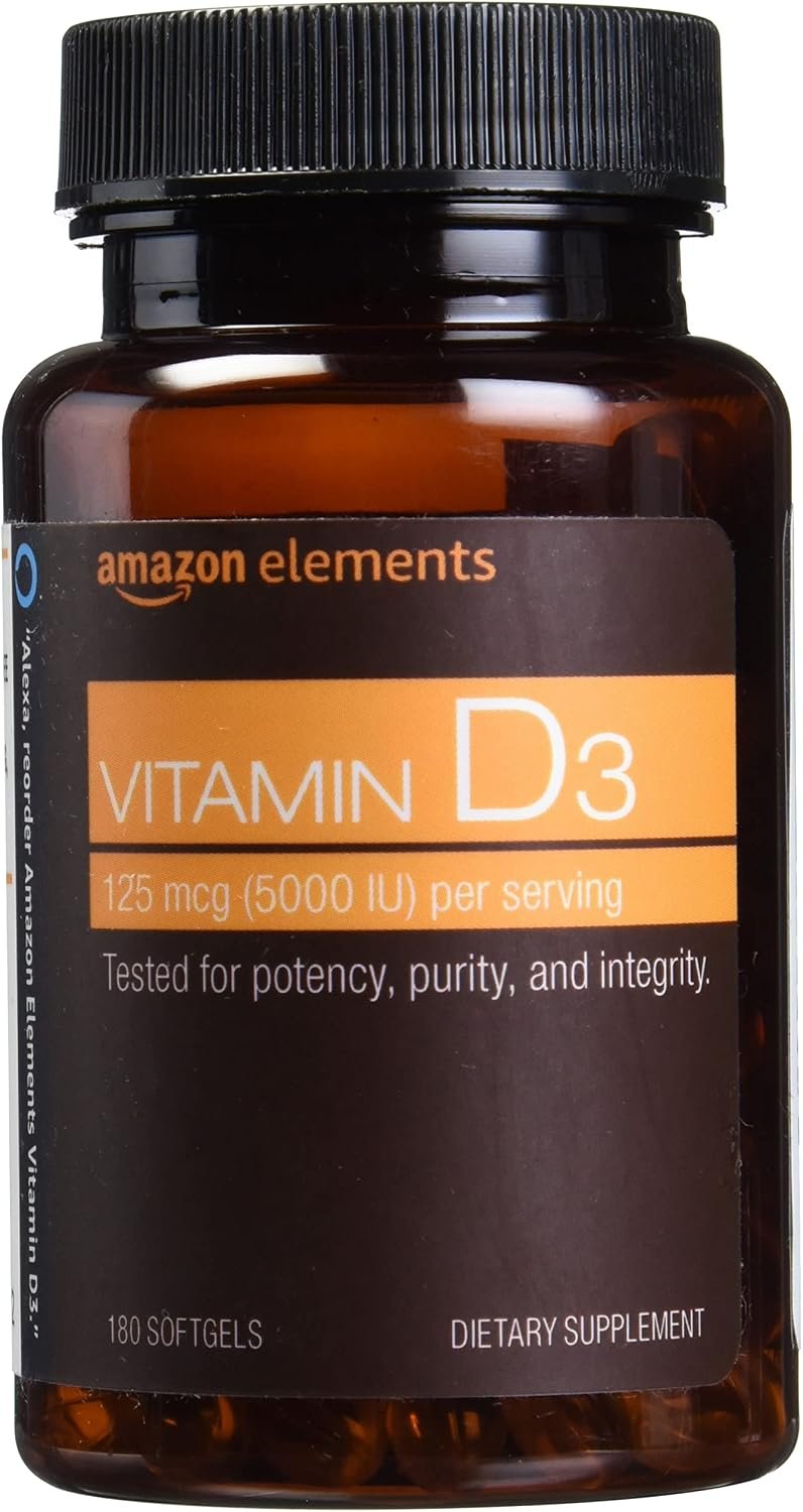Amazon Elements Vitamin D3, 125 mcg (5000 IU), 180 Softgels