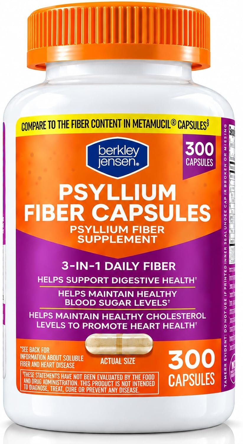berkley jensen Psyllium Husk Fiber Capsules, 3-in-1 Natural Fiber Supplement for Men & Women, Daily Psyllium Husk Help Support Digestive Health, Promote Regularity, Made in USA, 300 Count (Pack of 1)