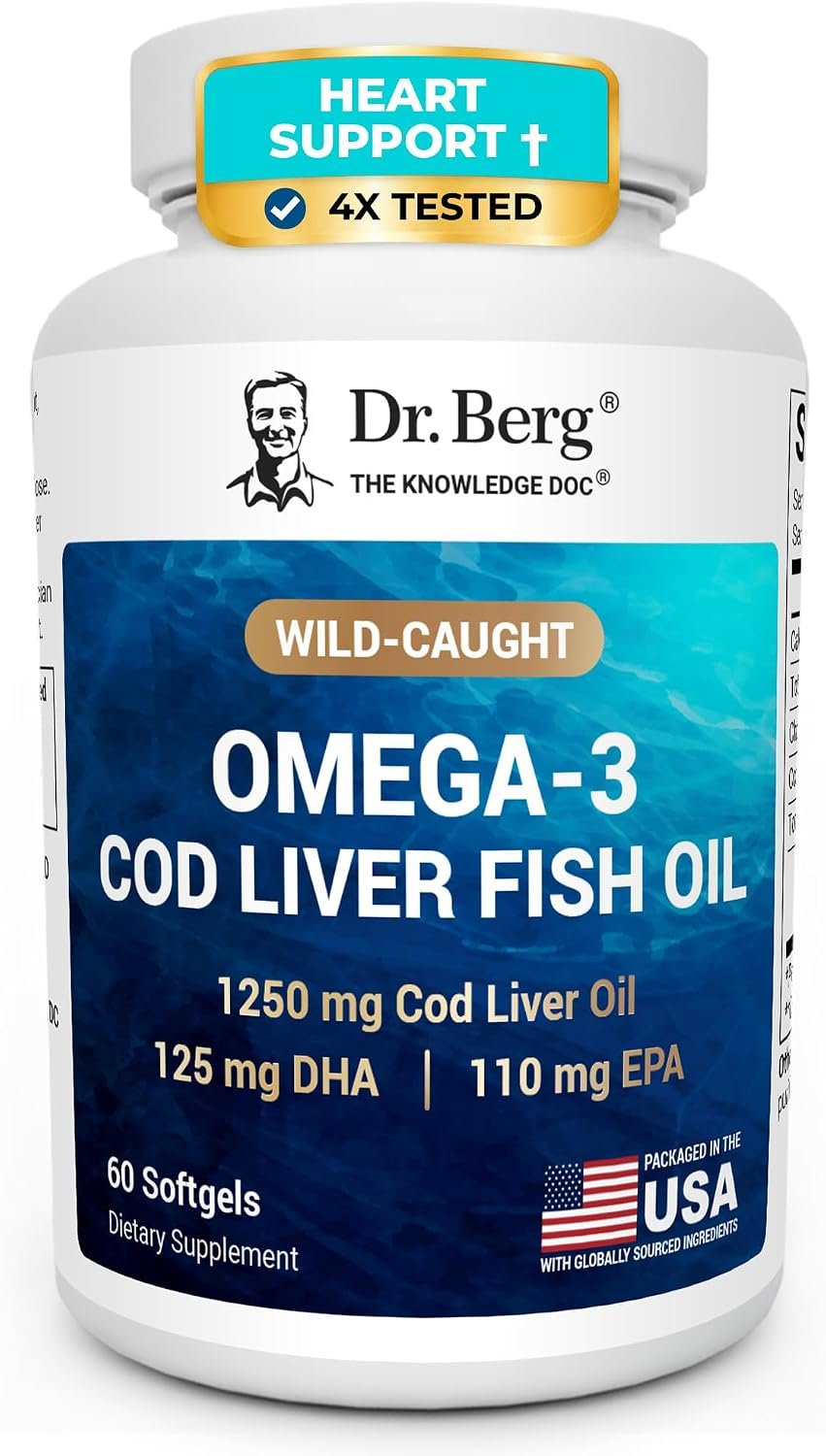 Dr. Berg Omega-3 Cod Liver Fish Oil 60 Softgels – Wild-Caught Icelandic Cod – Omega 3 EPA & DHA – Heart, Brain, Immune & Eye Support* – Lemon Flavor – 4X Lab-Tested – Non-GMO, No Fillers