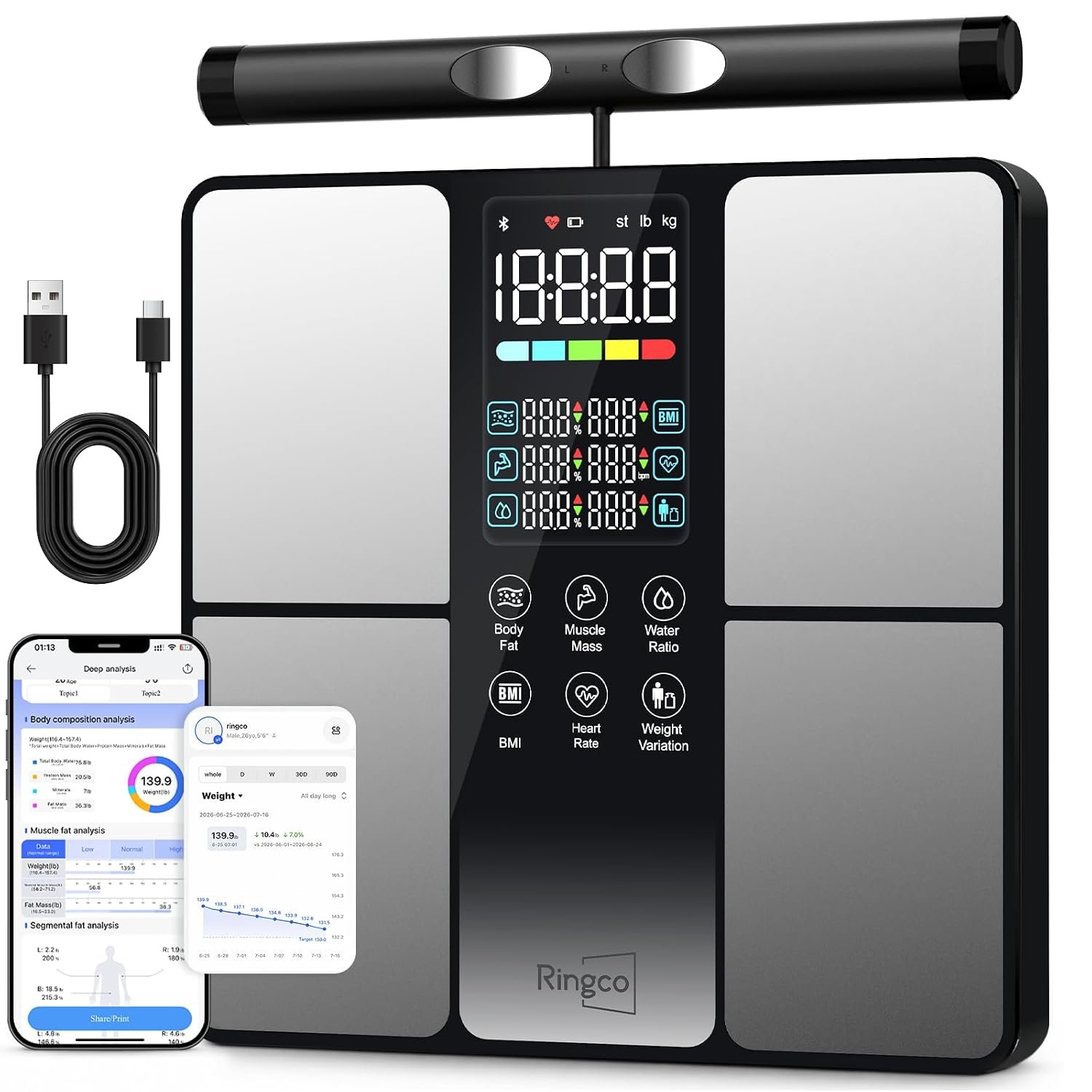 Body Pod Scale, 8-Electrode Rechargeable Smart Scale with Body Fat