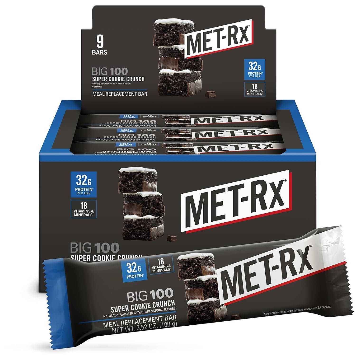MET-Rx Big 100 Protein Bar, Super Cookie Crunch, 32g Protein, 9 Ct