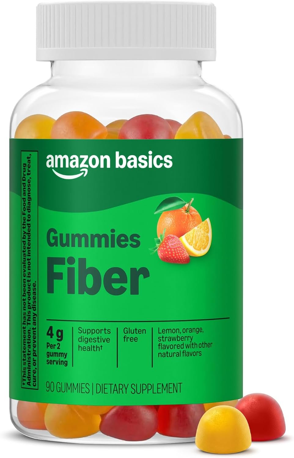 Amazon Basics Fiber 4g Gummy – Digestive Health, Supports Regularity, Orange, Lemon & Strawberry, 90 Gummies (2 per Serving), Packaging May Vary