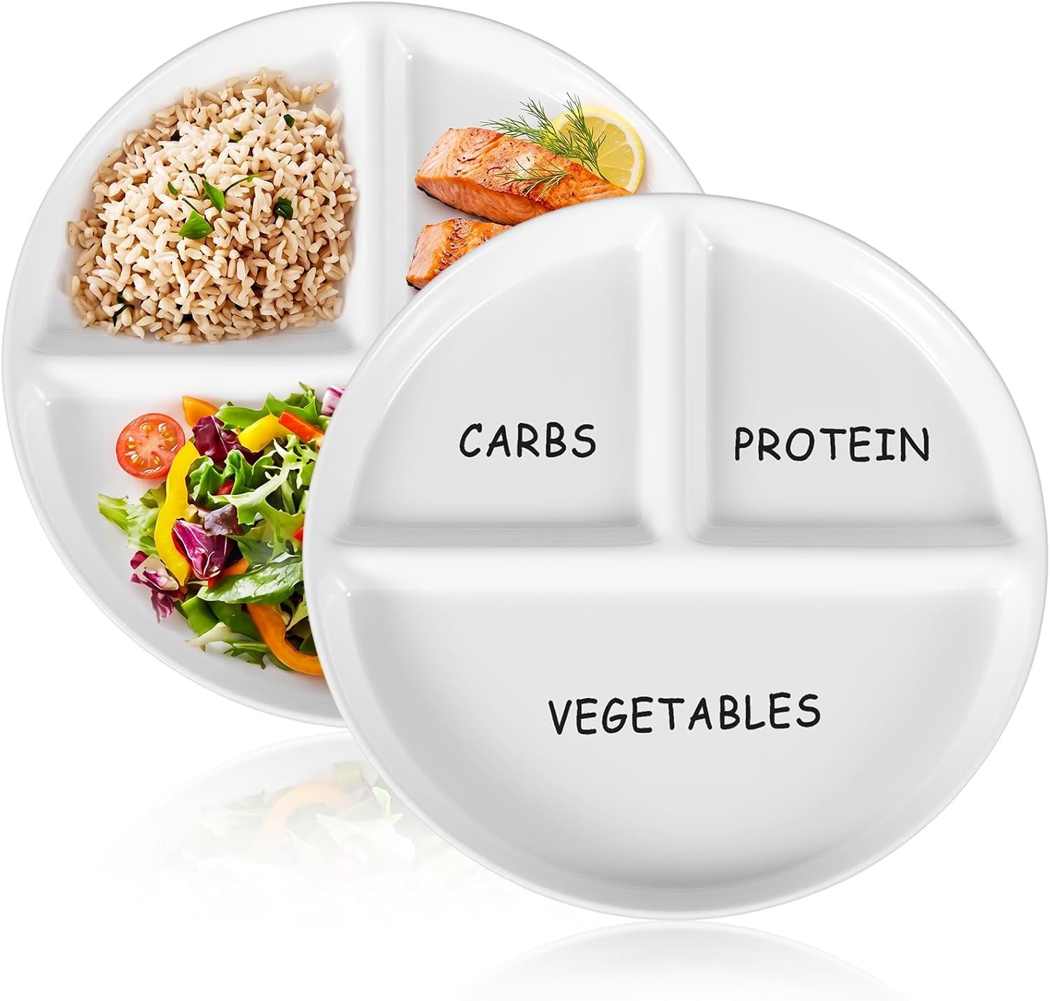 Lounsweer 2 Pcs Portion Control Plates 8″ Ceramic Divided Bariatric Plates for Weight Loss, Diabetes, Balanced Diets, 3 Compartments for Vegetables Carbs Protein, Microwave & Dishwasher Safe