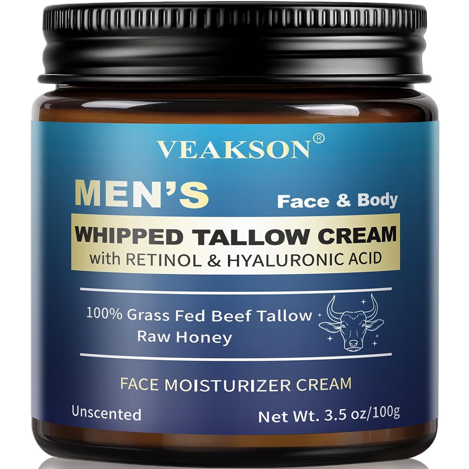 Men’s Beef Tallow for Skin, Organic Whipped Grass Fed Tallow and Honey Balm with Anti-Aging Retinol & Hyaluronic Acid, Mens Skin Care Face Cream Moisturizer, Reduces Wrinkles Lines, Unscented, 3.5 OZ