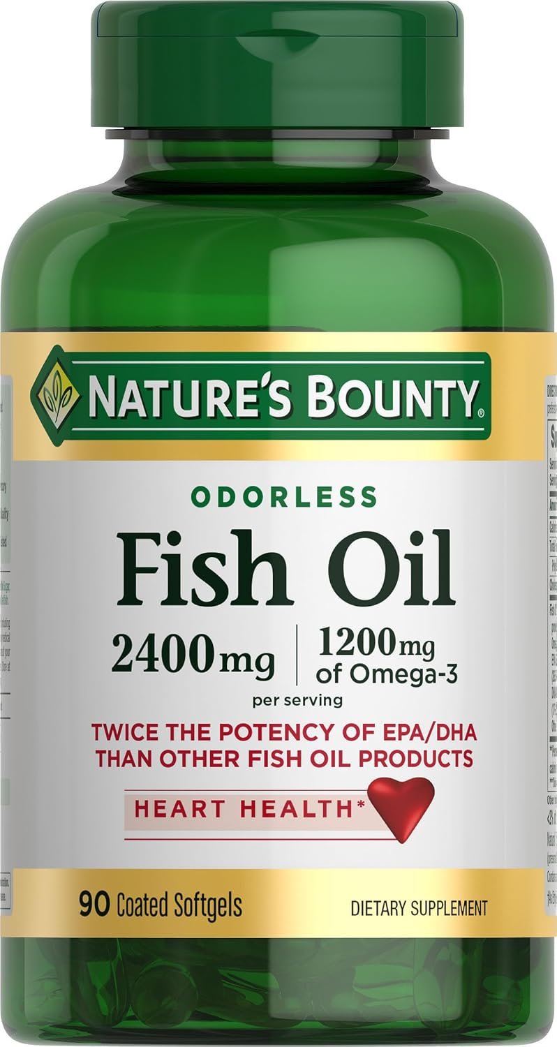 Nature’s Bounty Odorless Fish Oil, 1200mg Omega-3 per Serving Including EPA & DHA, Supports Heart Health, Purified to Eliminate Mercury, Coated Softgels, Gluten Free, No Shellfish, 90 Ct