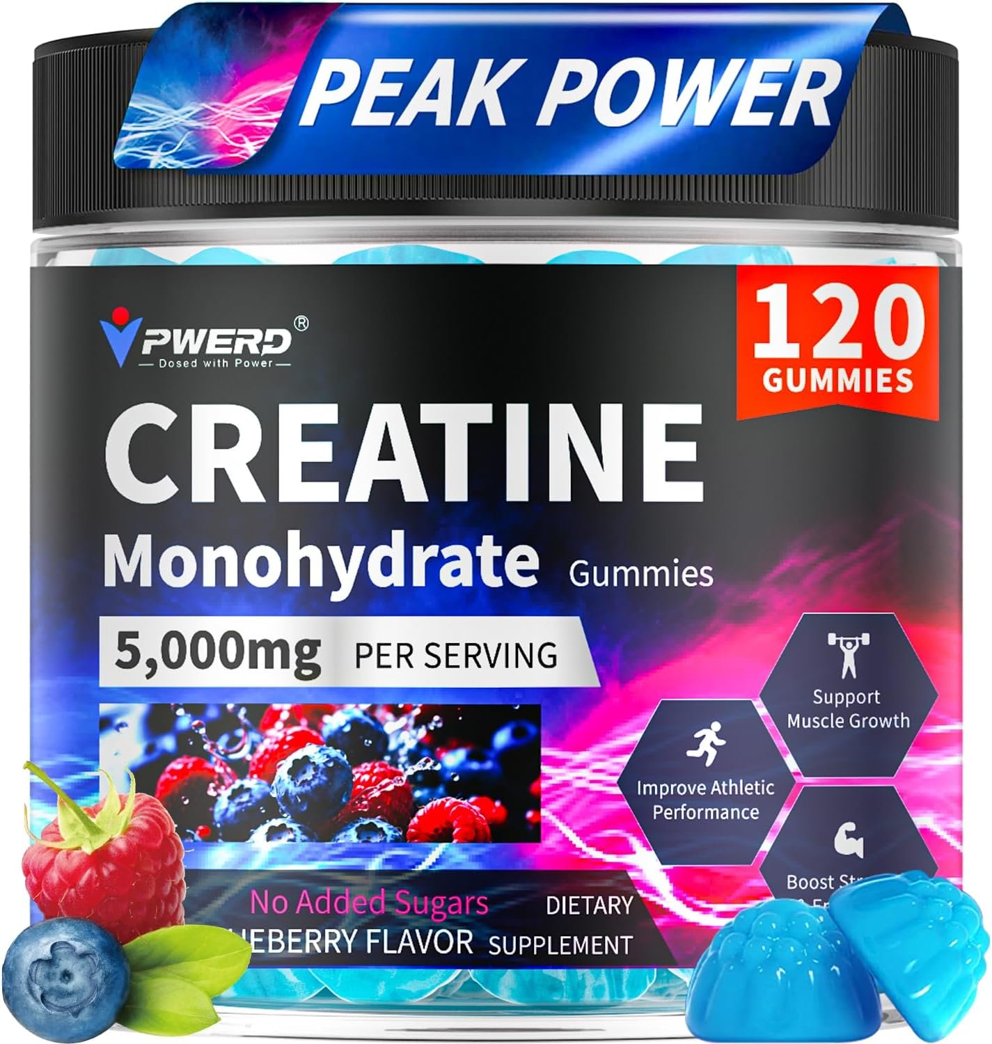 Creatine Monohydrate Gummies 5g – Creatine Gummies for Men | Pre Workout Gummies for Muscle Growth & Strength Support | with L-Taurine & B12 ，120 Count Blueberry