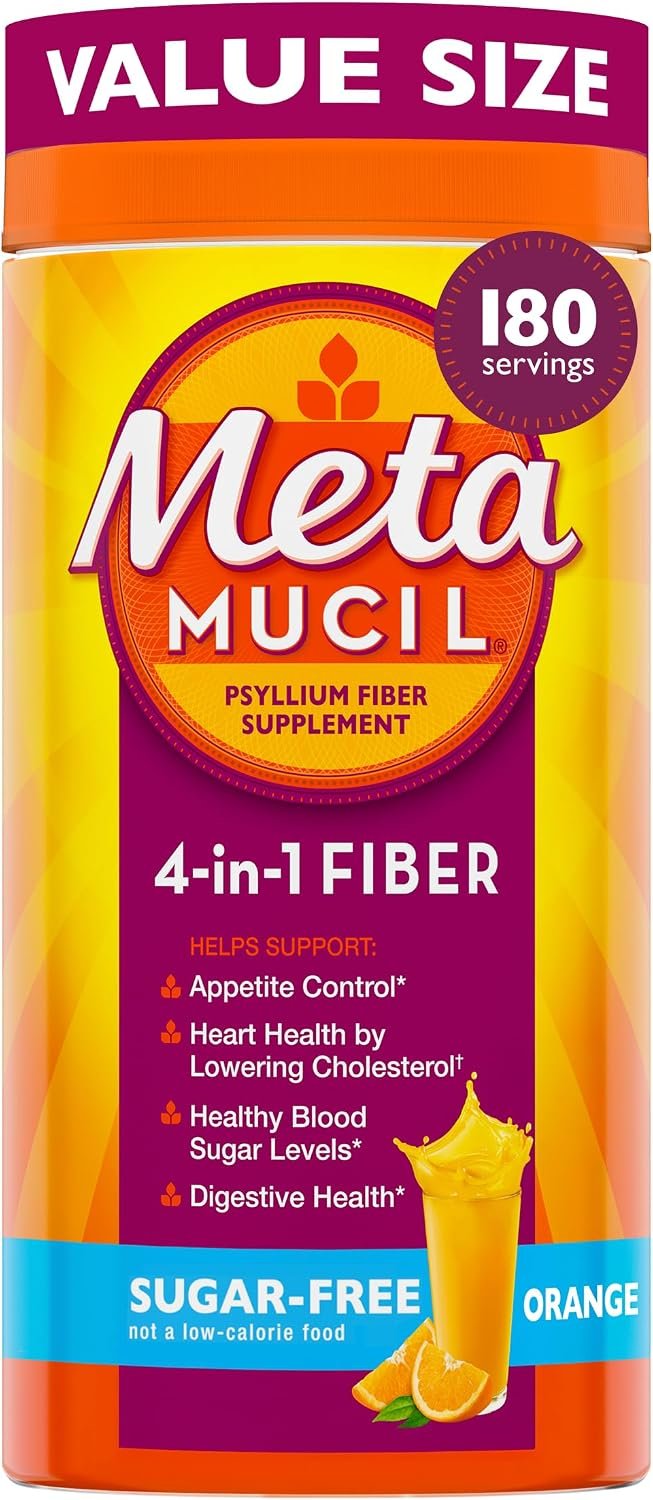 Metamucil 4-in-1 Psyllium Husk Fiber Supplement, Sugar-Free, 180 teaspoons, Orange Flavored, Daily Fiber Powder for Digestive Health, made with Plant-Based Psyllium Husk Fiber