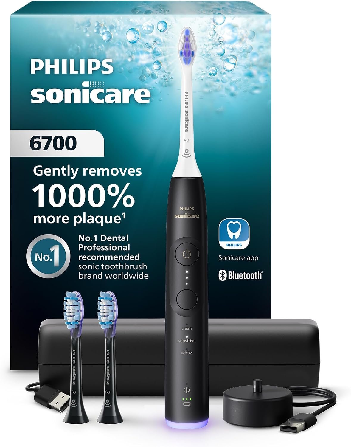 Philips Sonicare 6700 Rechargeable Electric Toothbrush, 3 Brush Head, Black