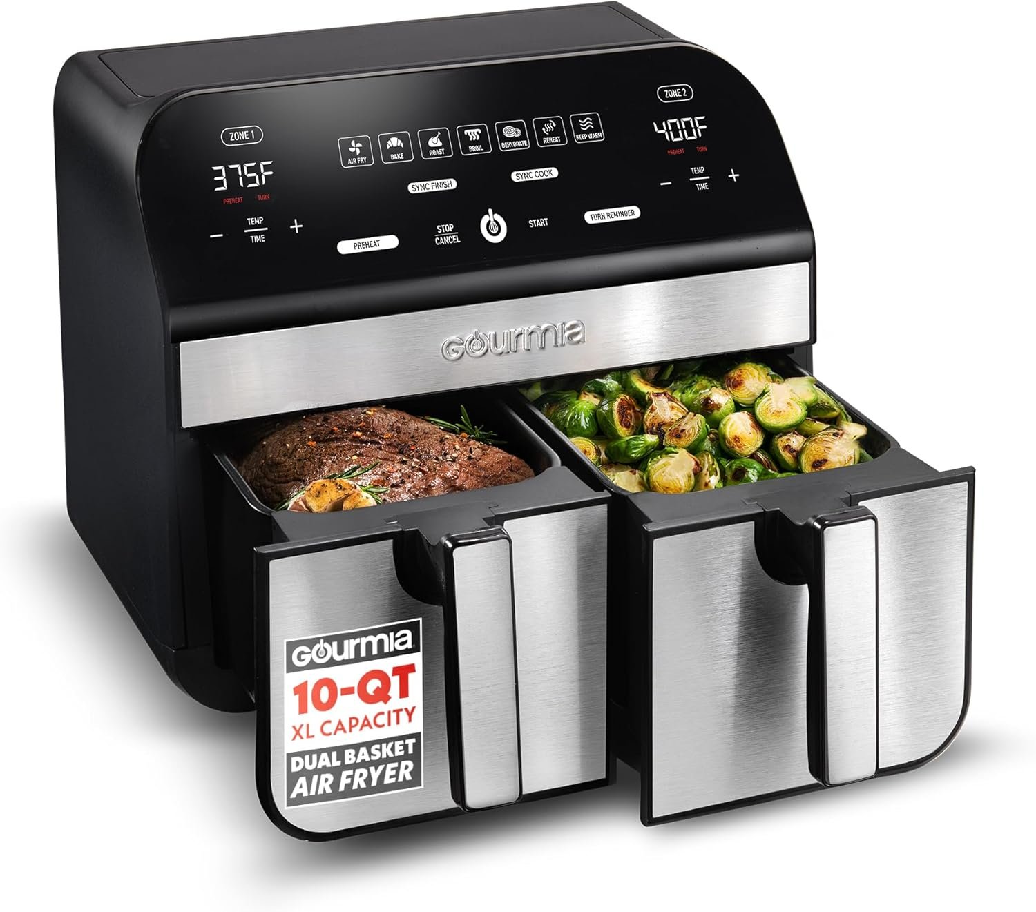 Gourmia Air Fryer – 10 Qt Dual Basket Capacity, Stainless Steel