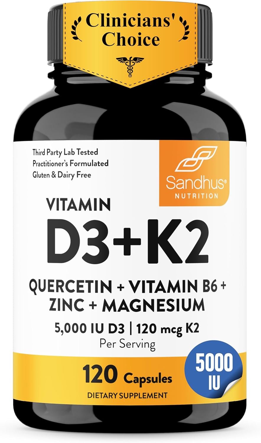 Vitamin D3 K2 5000 IU 120mcg Magnesium Zinc B6 Quercetin Capsules 120 Count