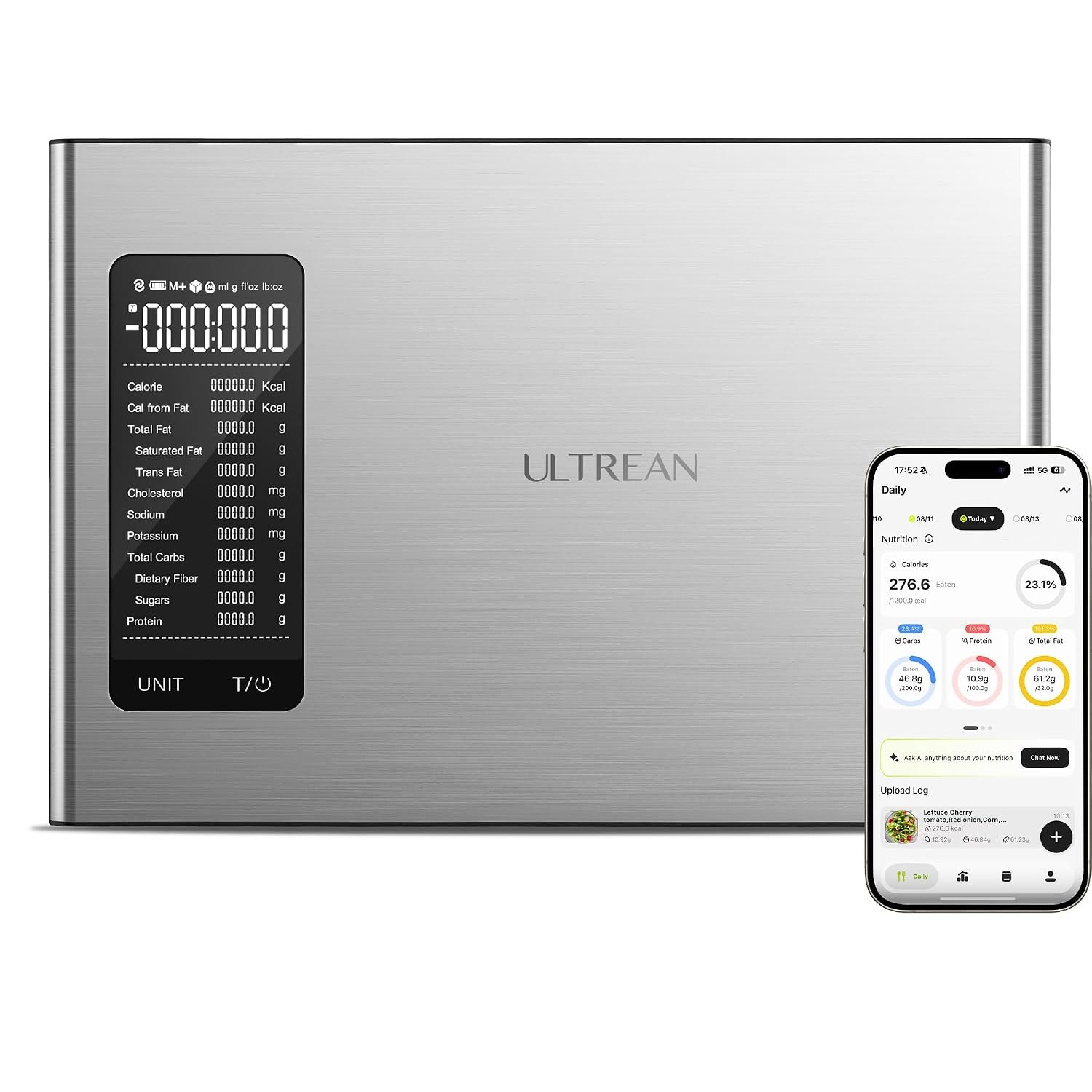 Ultrean Smart Food Kitchen Scale with Nutritional Calculator, APP for Calorie & Macro Tracking, AI Powered, Goal Progress, Digital Calorie Scale for Weight Loss, Stainless Steel, 22lb