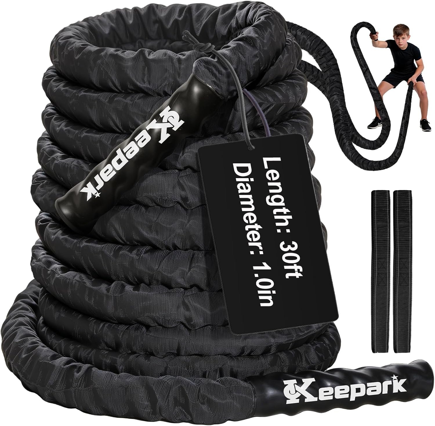 Battle Rope for Home Gym – 1 Inch 30FT Heavy Exercise Rope with Wear-Resistant Nylon Sleeve & Anchor Strap