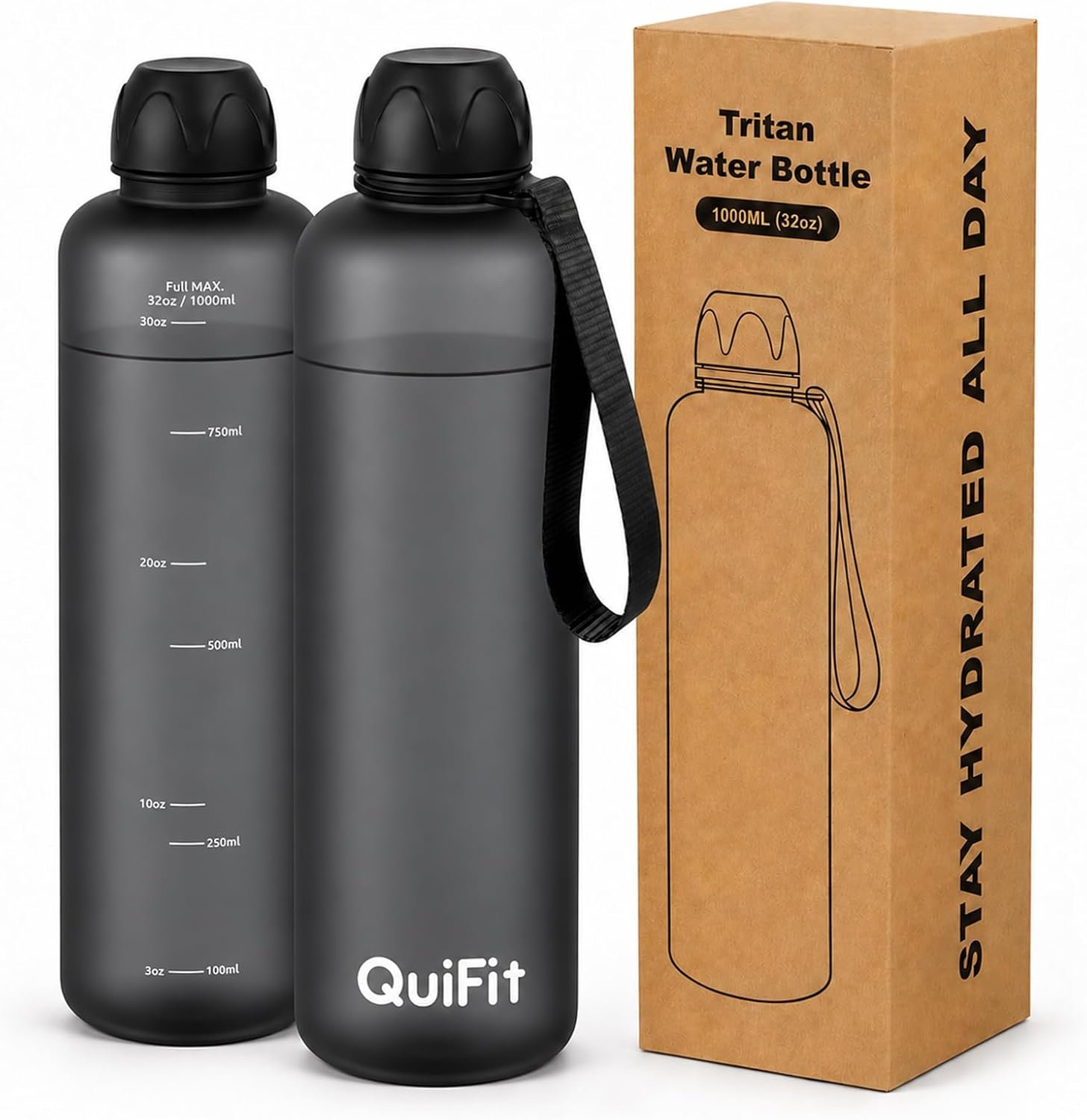 Slim Water Bottle 32 OZ with Stainless Steel Lid, Dishwasher Safe 1 Liter Plastic Water Bottle BPA-Free, Leakproof Lightweight with Time Marker, Reusable for Running School Sport Gym Travel Hiking