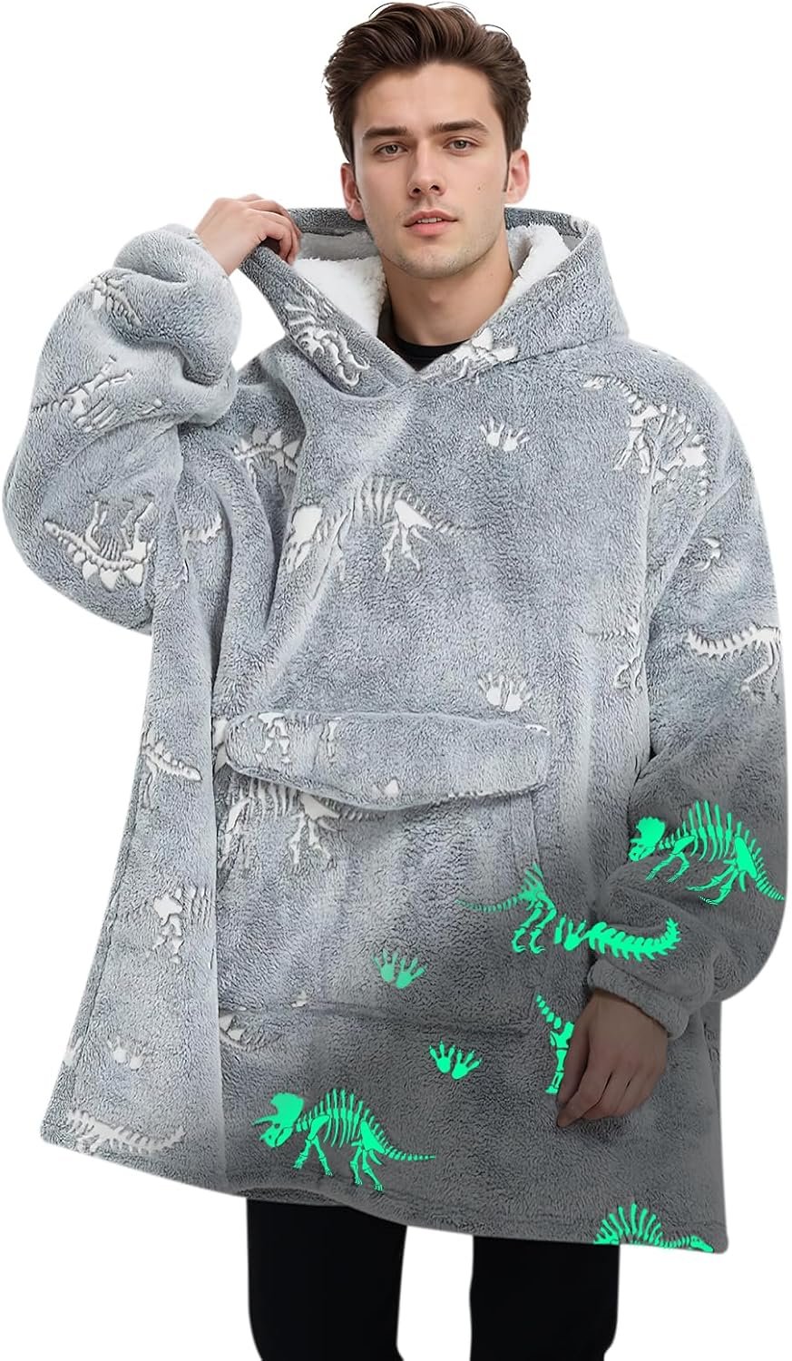 Mewkou Wearable Blanket Hoodie for Adult,Oversized Sherpa Fleece Blanket Hoodie for Women Men,Glow in The Dark Dinosaur Fossil