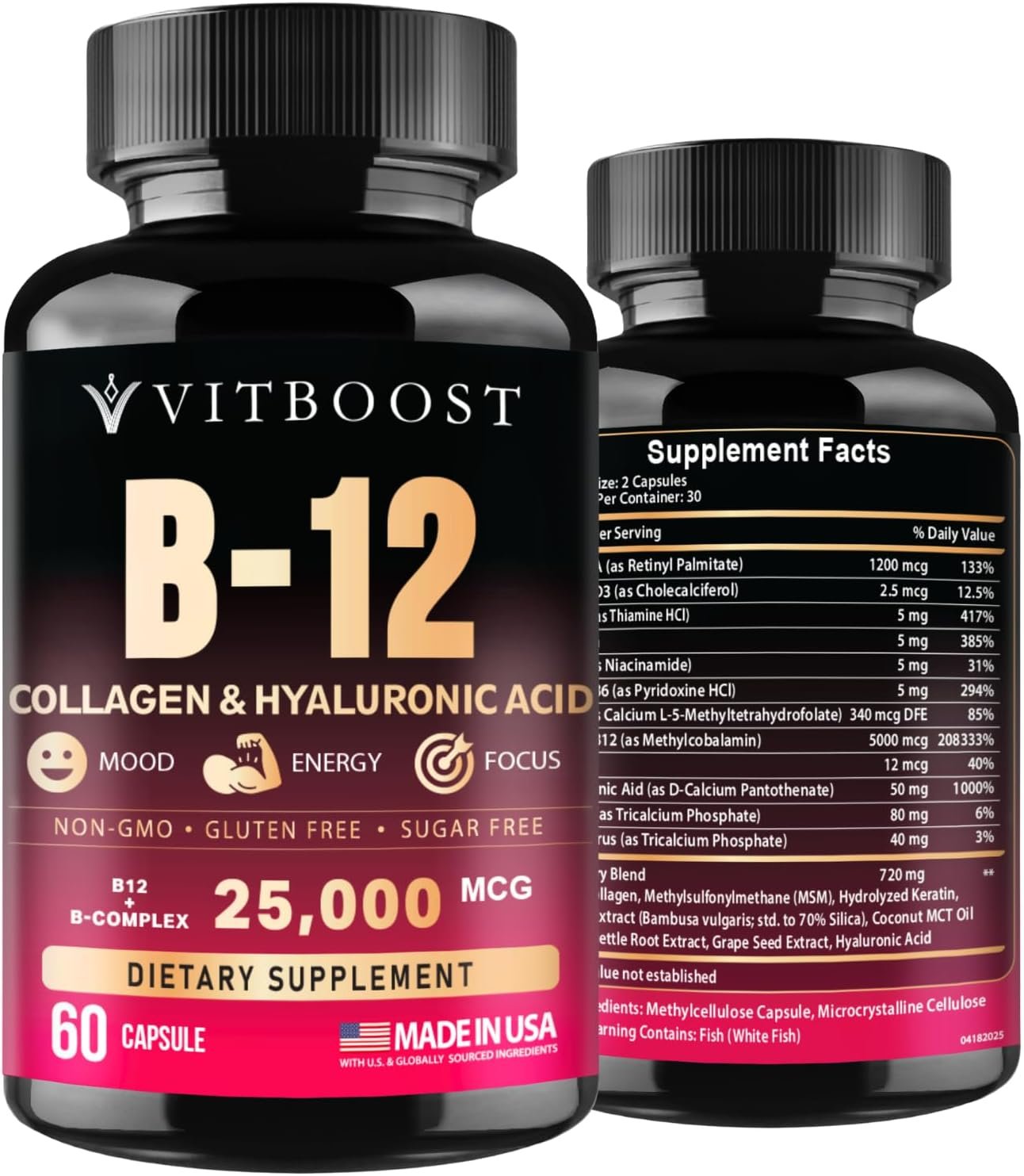 Vitamin B12 with Hyaluronic Acid and Collagen – 25000 mcg B12 Complex, 60Ct