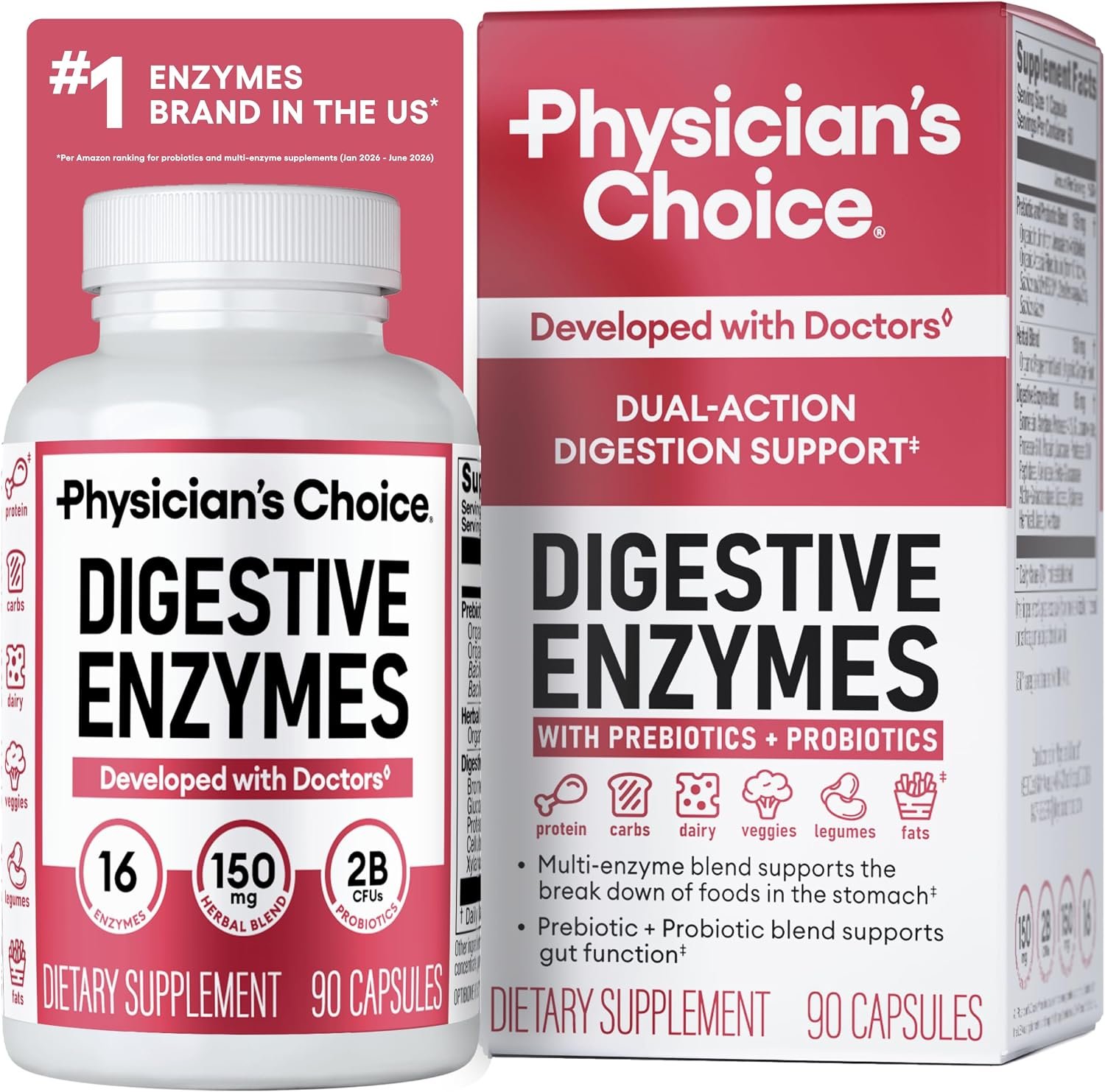 Physician’s CHOICE Digestive Enzymes for Bloating & Digestion – Fast-Acting 16 Enzyme Formula with Organic Prebiotics & Probiotics for Gut & Digestive Health – Meal Time Discomfort Relief – 90 CT