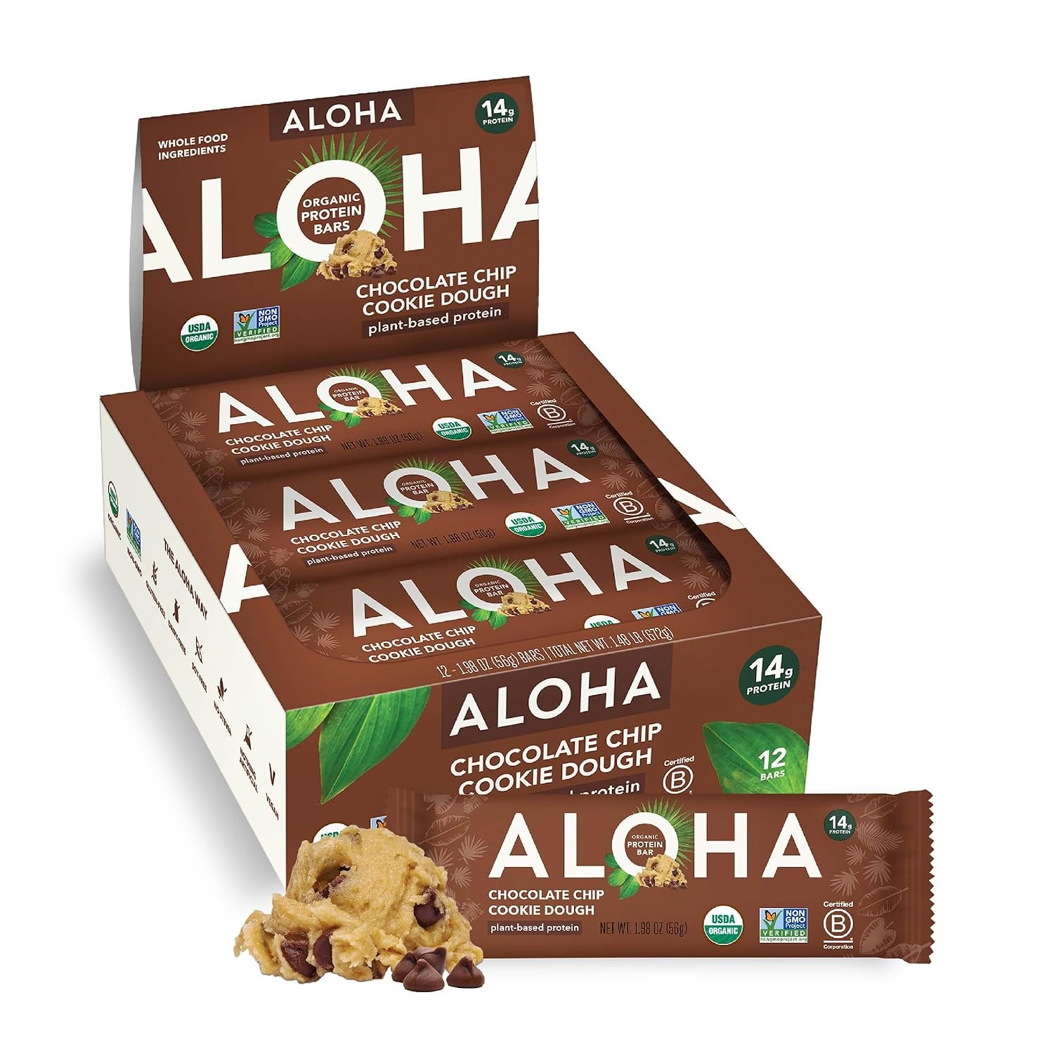 ALOHA Organic Plant Based Protein Bars | Chocolate Chip Cookie Dough, 12 Ct