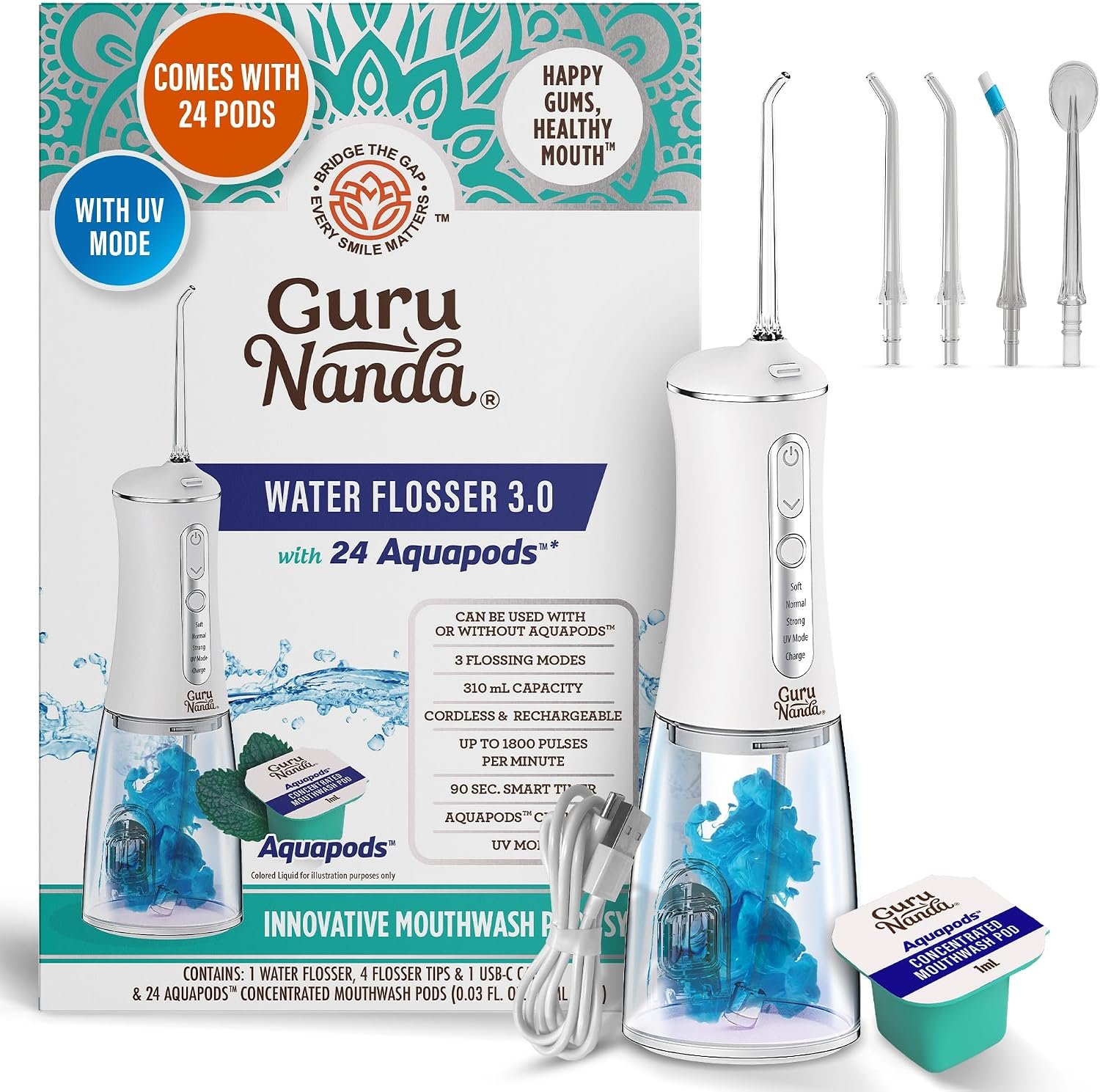 GuruNanda Advanced Dental Water Flosser 3.0 with UV Mode & 24 Aquapods