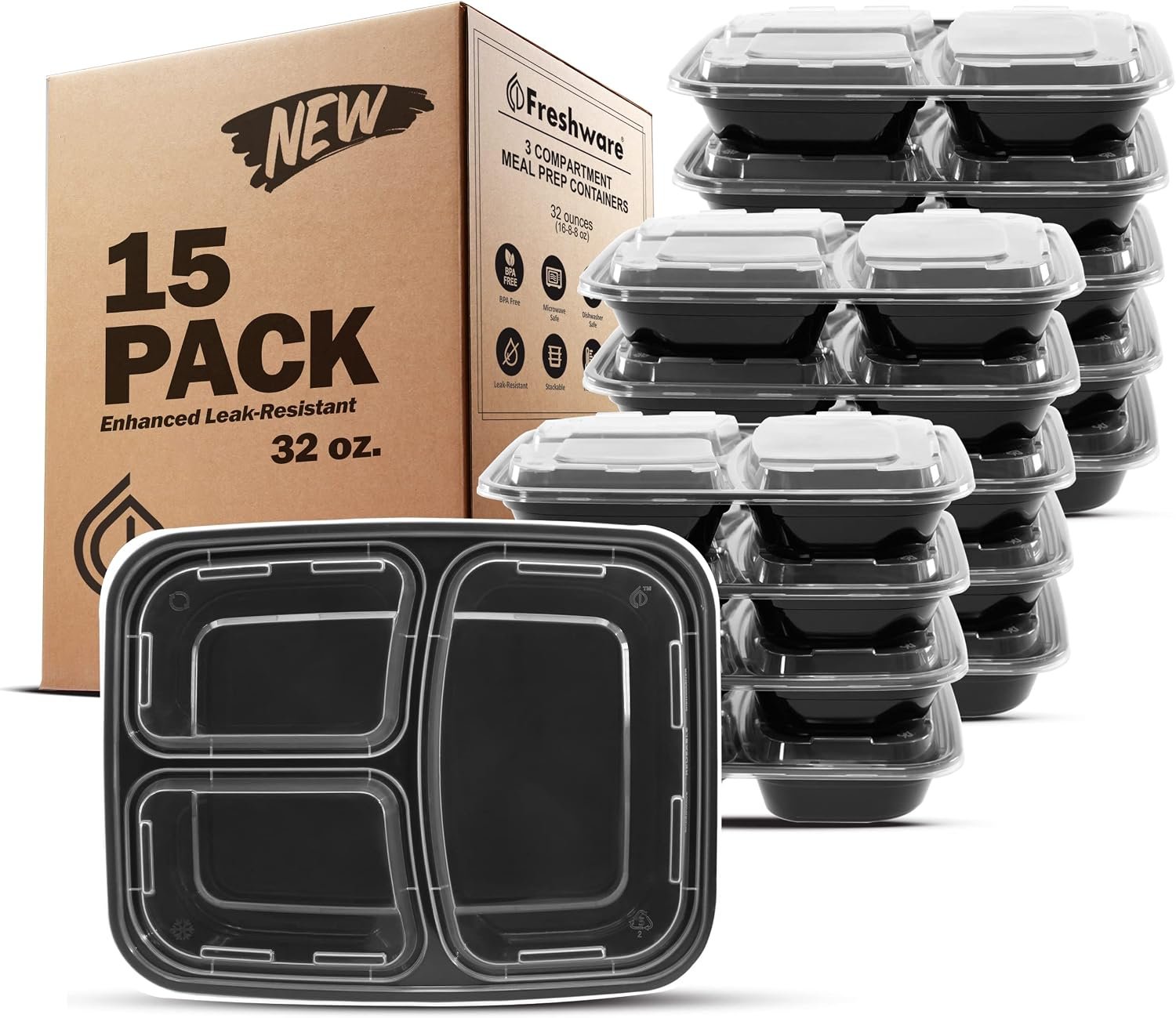 Freshware Meal Prep Containers [15 Pack] 3 Compartment with Lids, Food Containers, Lunch Box, BPA Free, Stackable, Bento Box, Microwave/Dishwasher/Freezer Safe (32 oz)