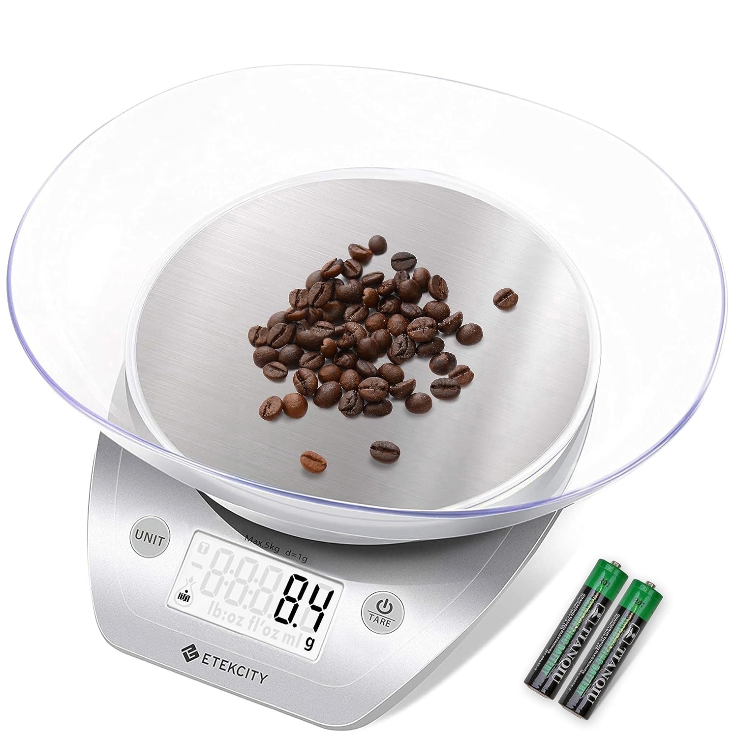 Etekcity 0.1g Food Kitchen Scale, Bowl, Digital Grams and Ounces for Weight Loss, Dieting, Baking, Cooking, and Meal Prep, 11lb/5kg, Stainless Steel Silver