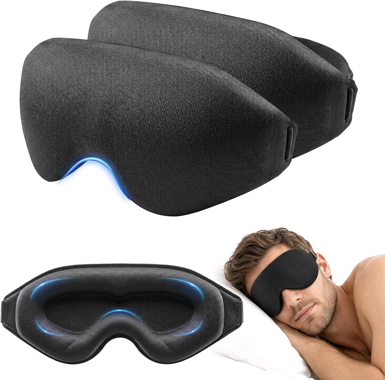 2 Pack 3D Blackout Sleep Mask for Side Sleepers, Memory Foam Eye Mask Cover & Sleeping Blindfold, Breathable Adjustable Sleep Mask for Women Men, Travel Mask for Flights