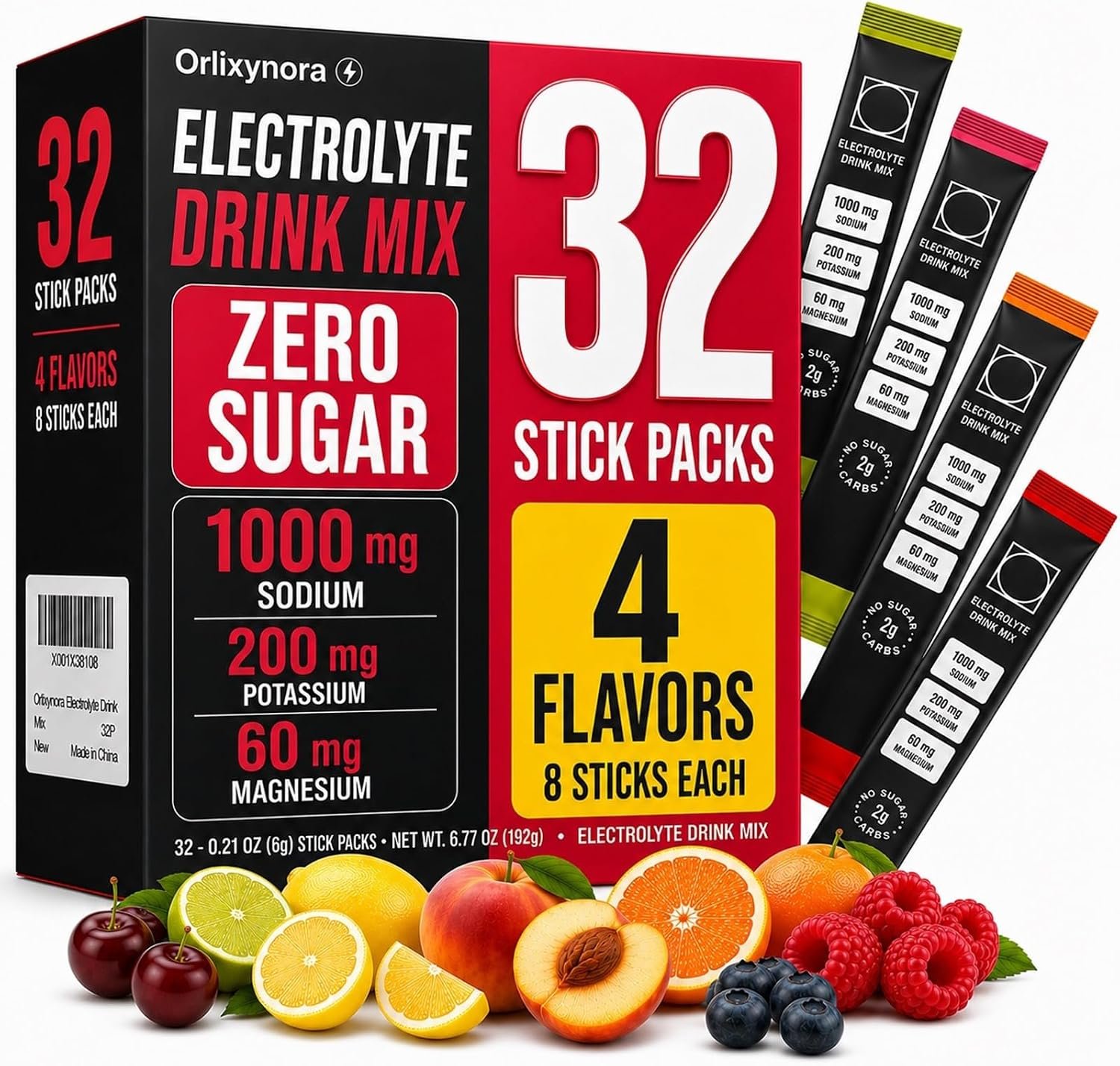 Electrolyte Drink Mix, Zero Sugar Powder, 32 Stick Packs, 4 Flavors