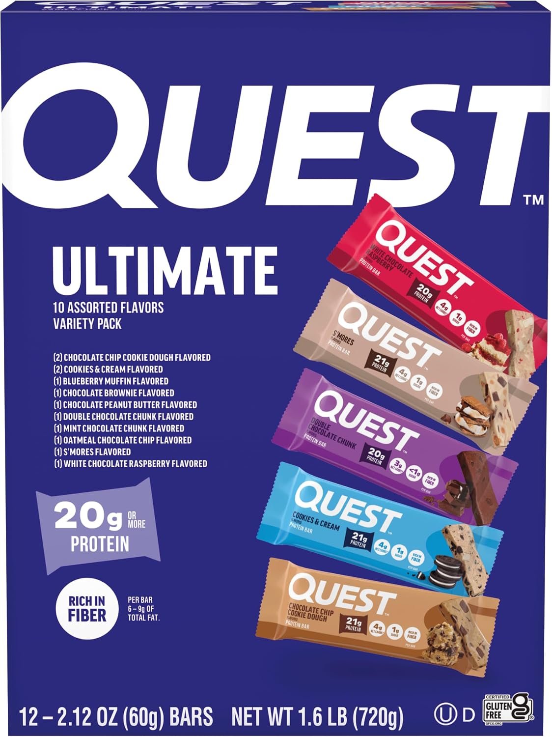 Quest Nutrition Ultimate Variety Pack Protein Bars, High Protein, Low Carb, Gluten Free, Keto Friendly, 12 Count