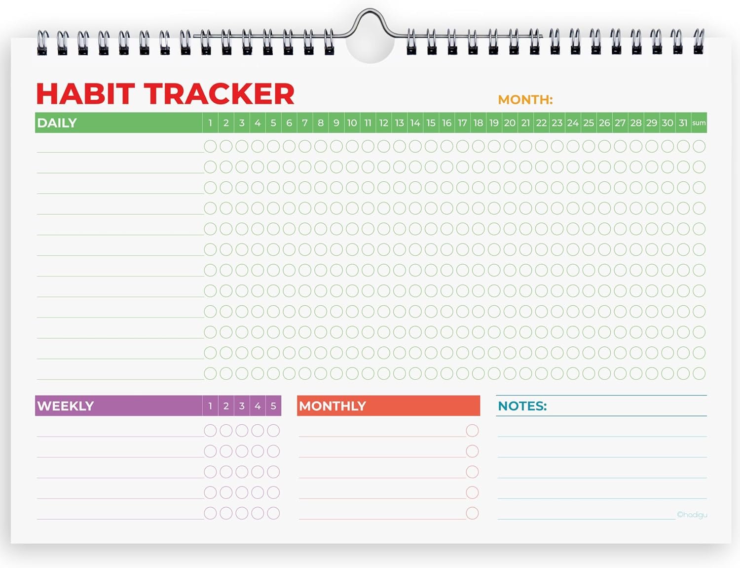 Hadigu Habit Tracker Calendar (Undated 12 Month) with Spiral Bound and Hanger, A4 size (8.3″x11.7″), Habit Planner, Daily Weekly and Monthly Tracker, Colorful Layout