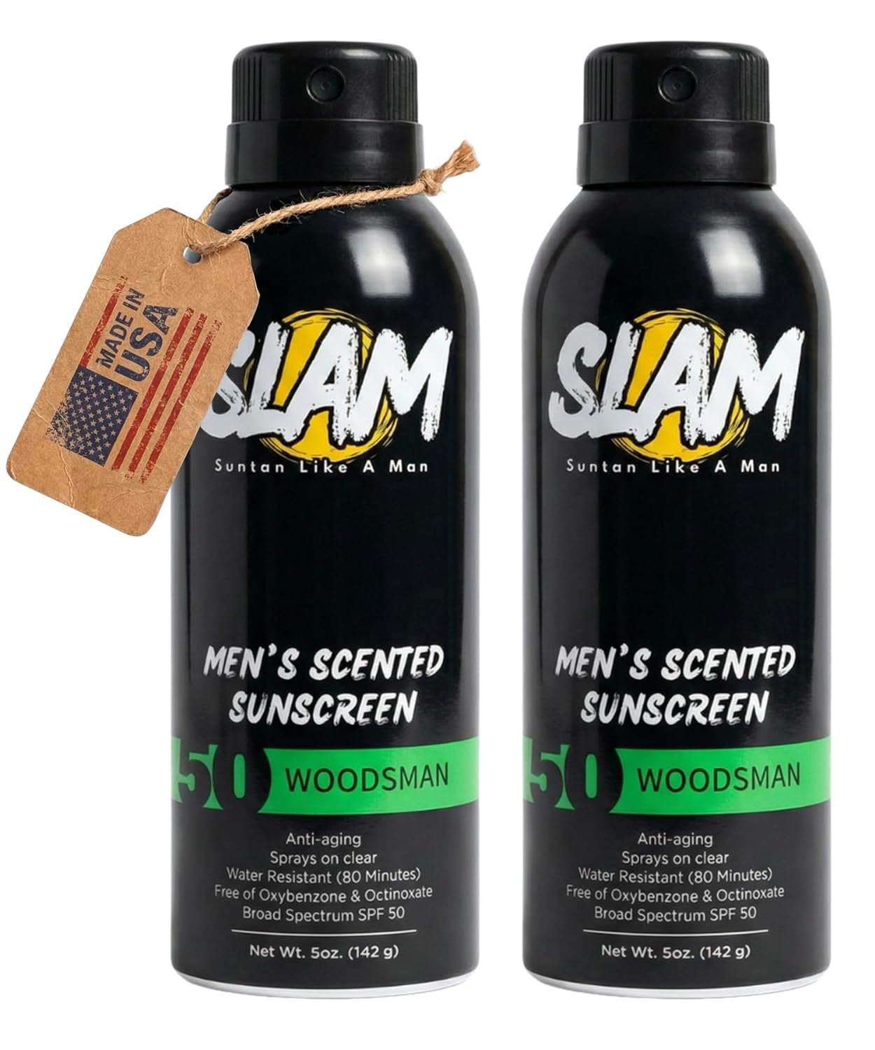 SLAM WoodsMan Mens Sunscreen Spray 50 SPF Waterproof for Face & Body (2 Pk)