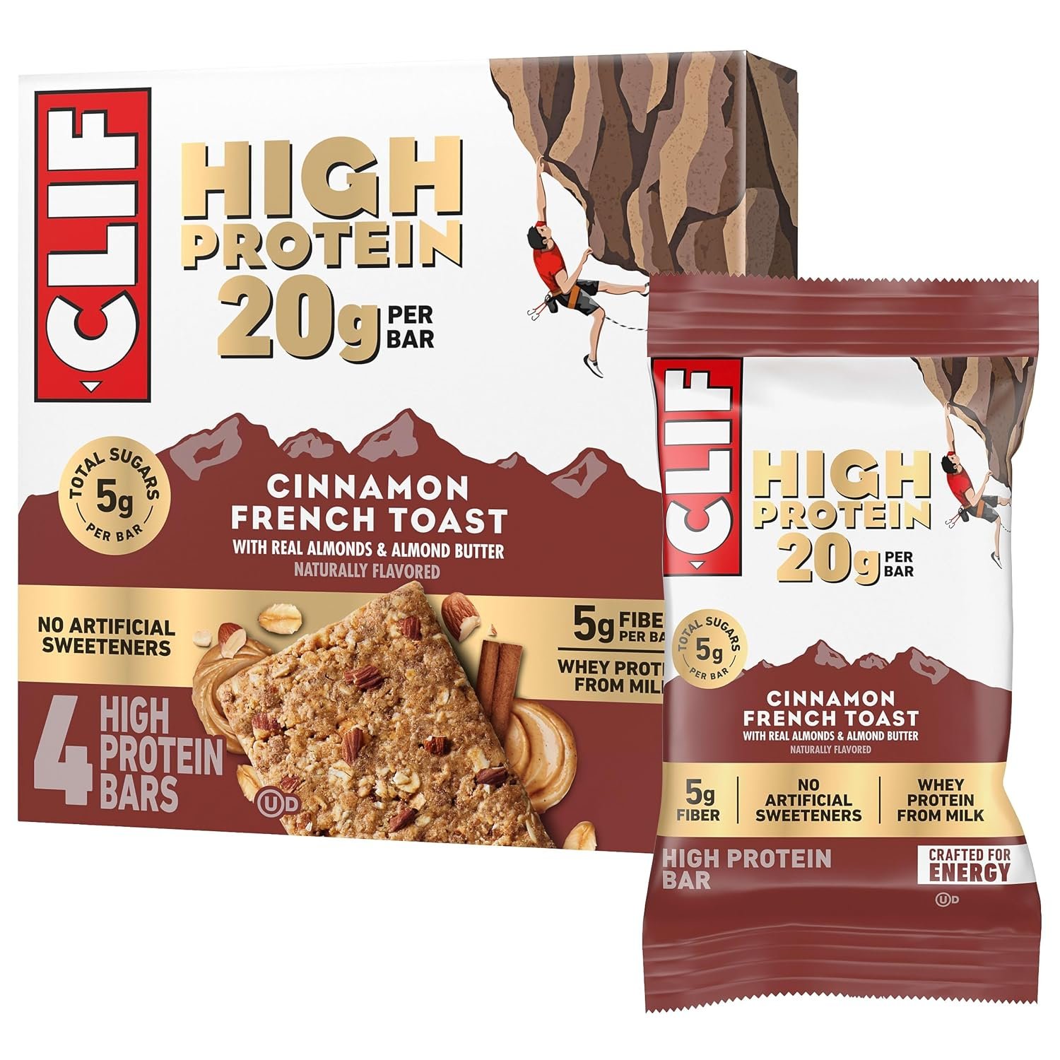 CLIF HIGH PROTEIN Cinnamon French Toast Protein Snack Bars, 4 ct