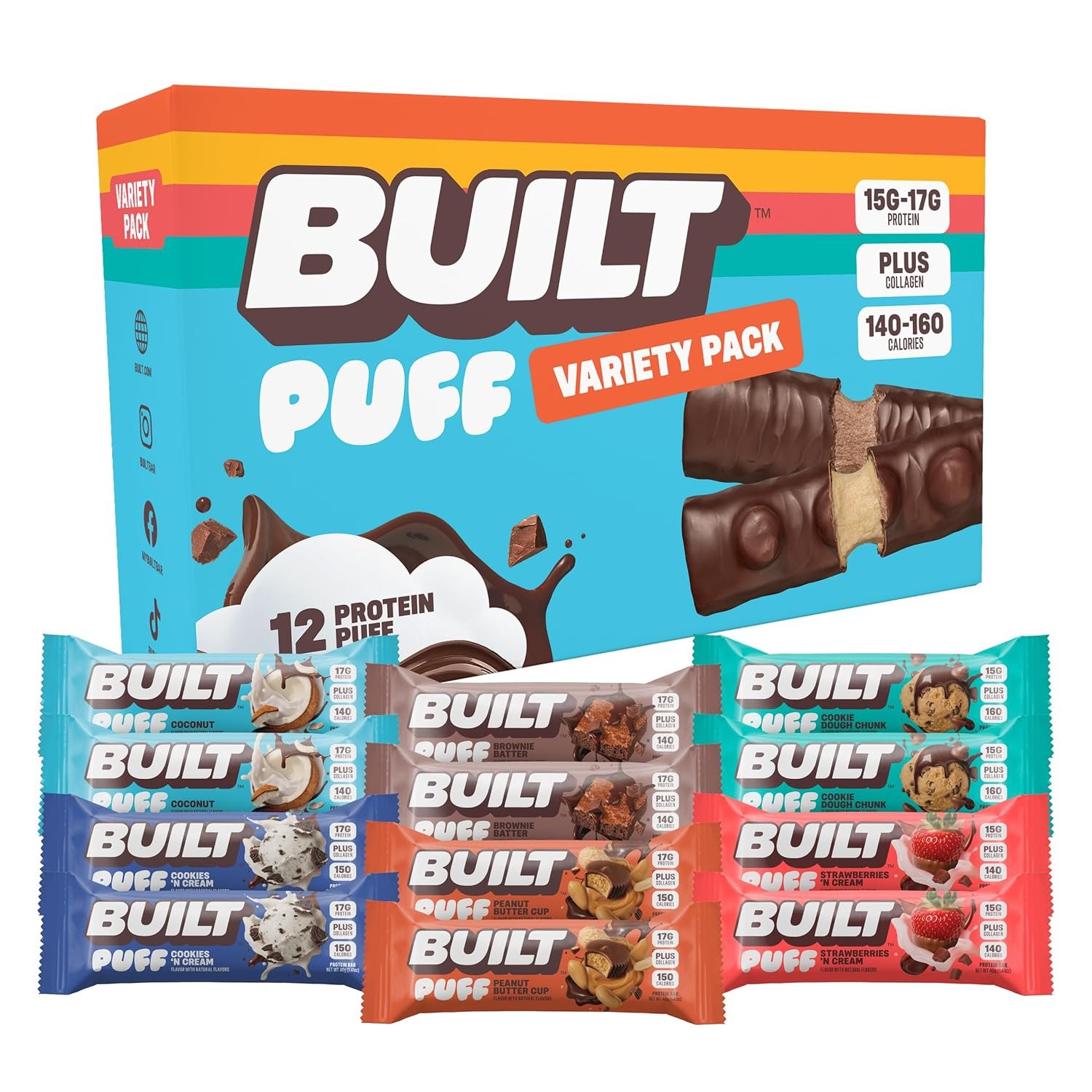 BUILT Puff Protein Bars, Variety Pack, 15g-17g Protein – 12 Count
