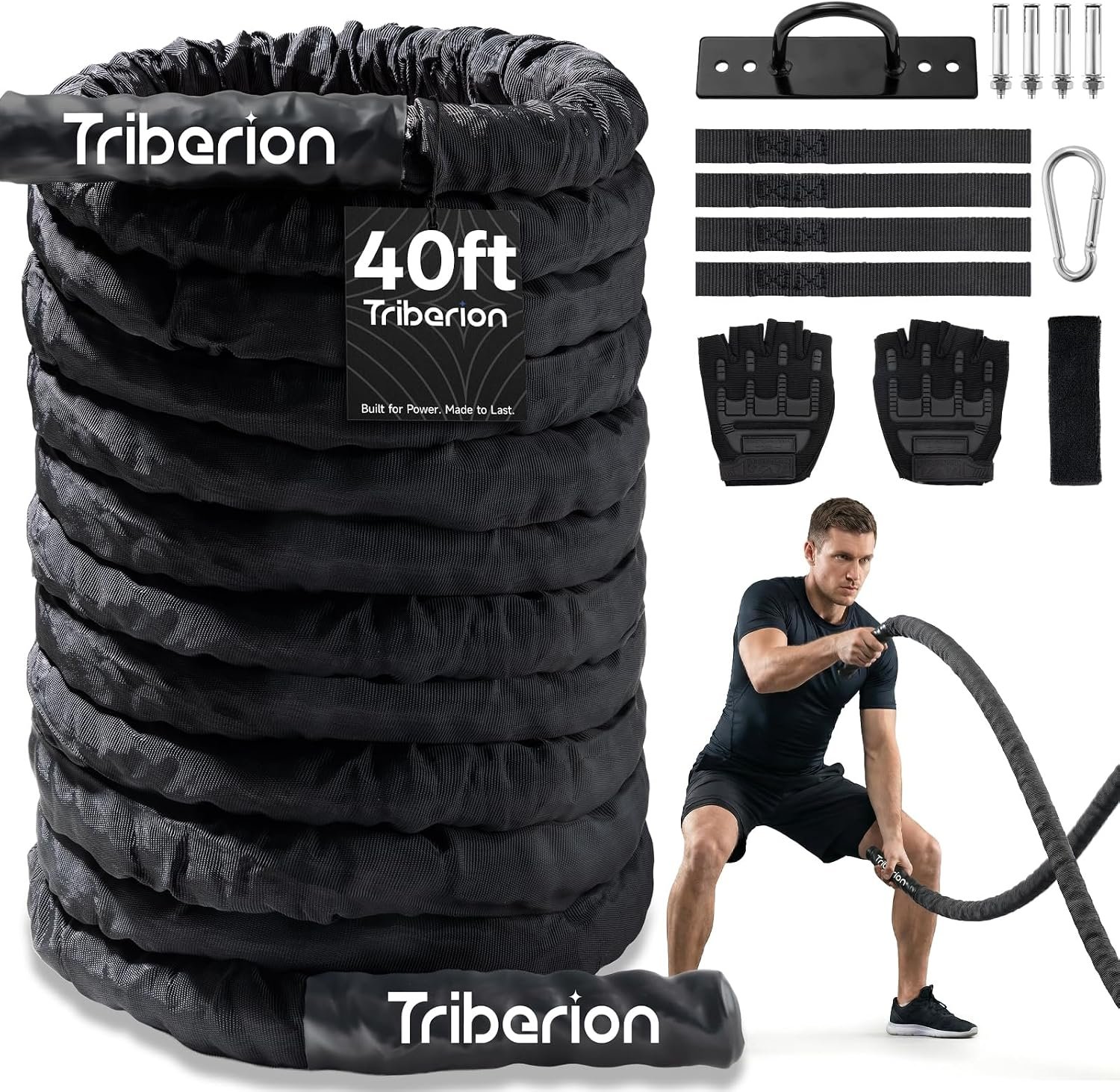 Battle Rope for Home Gym Workout – 1.5 Inch 40ft Heavy Weighted Training Exercise Ropes Fitness Equipment with Sleeve and Anchor Strap Kit for Outdoor Working Out