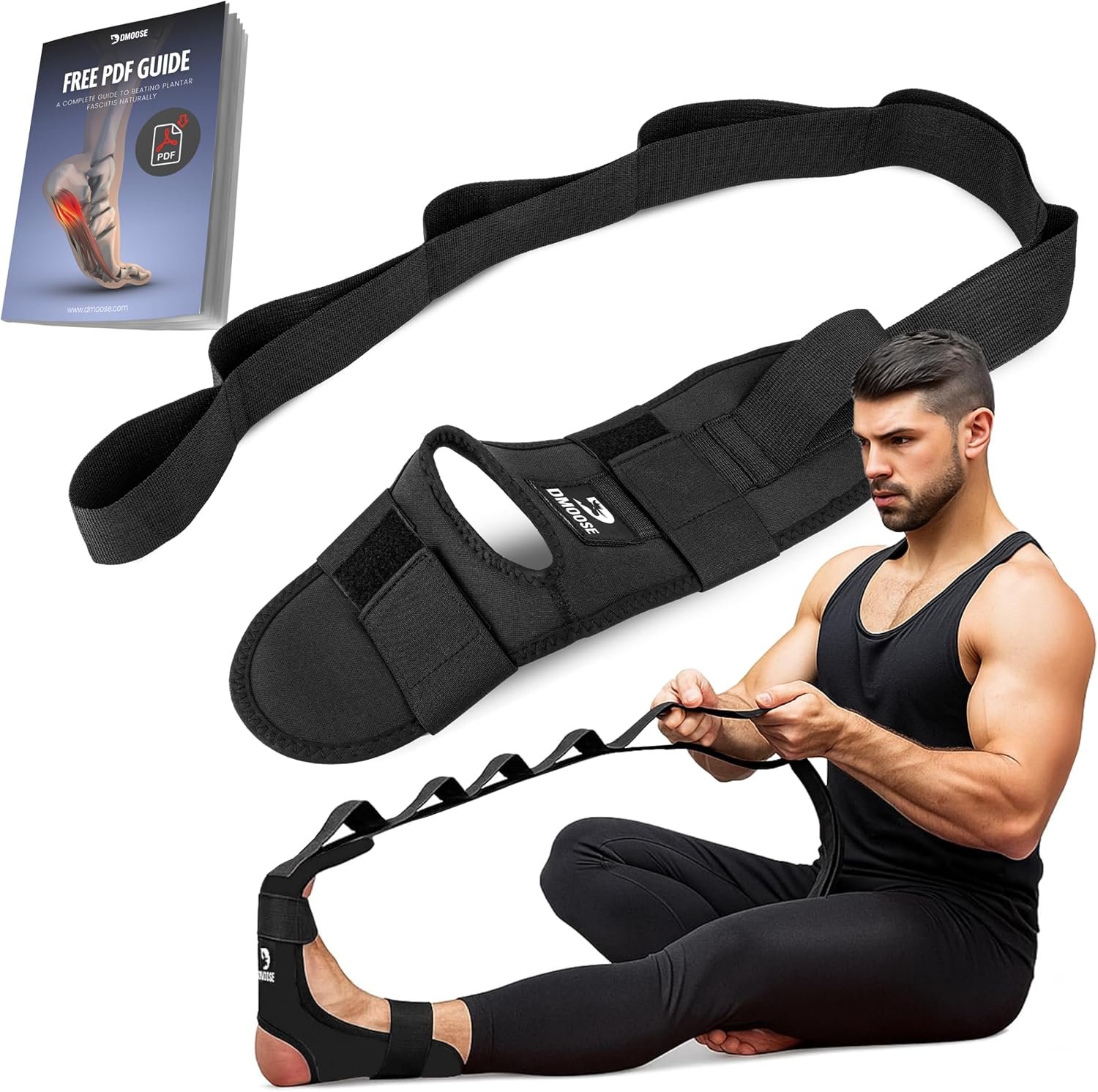 DMoose Fitness Foot & Calf Stretcher with Adjustable Padded Stretching Strap for Plantar Fasciitis, Hamstring, Heel Spurs and Achilles Tendonitis Relief – Yoga Leg Stretch Strap for Flexibility