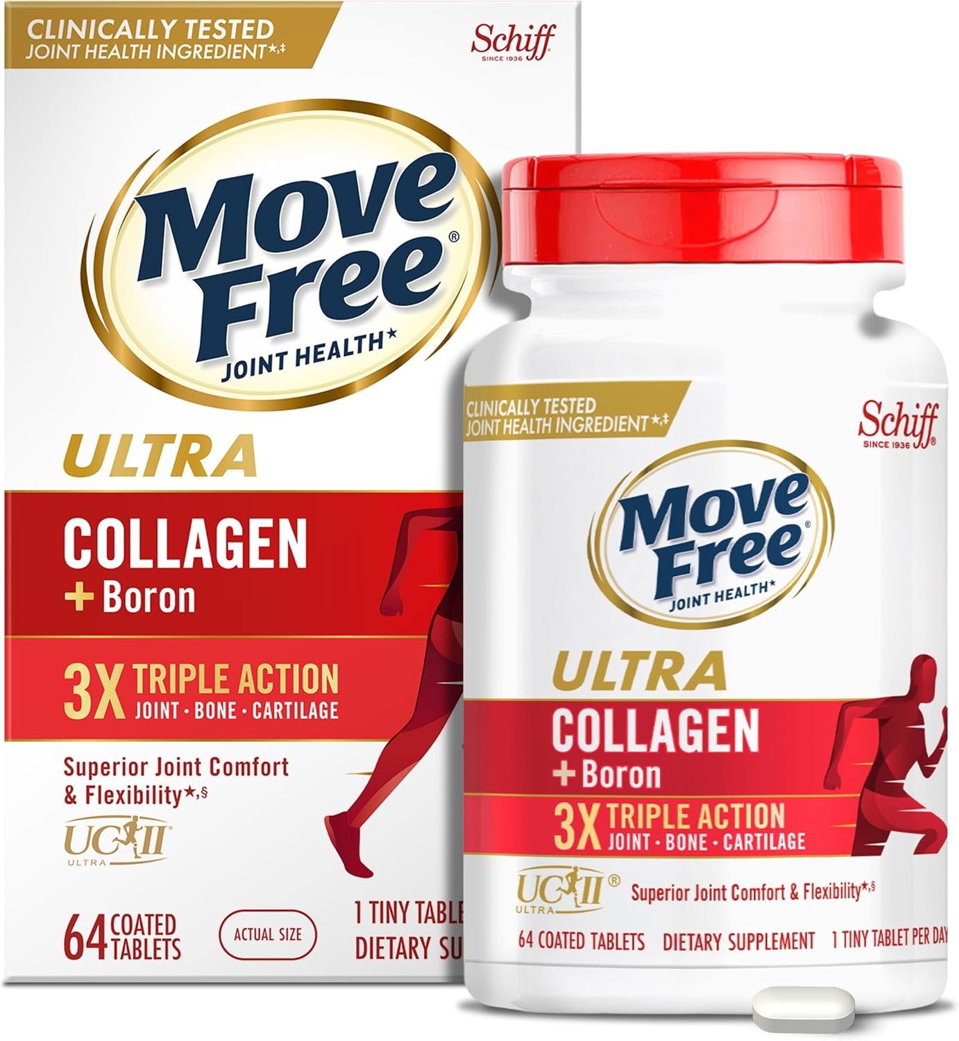 Move Free Ultra Triple Action Joint Support Supplement – Type II Collagen Boron & Hyaluronic Acid – Supports Joint Comfort, Cartiliage & Bones in 1 Tiny Pill Per Day, 64 Tablets (64 servings)