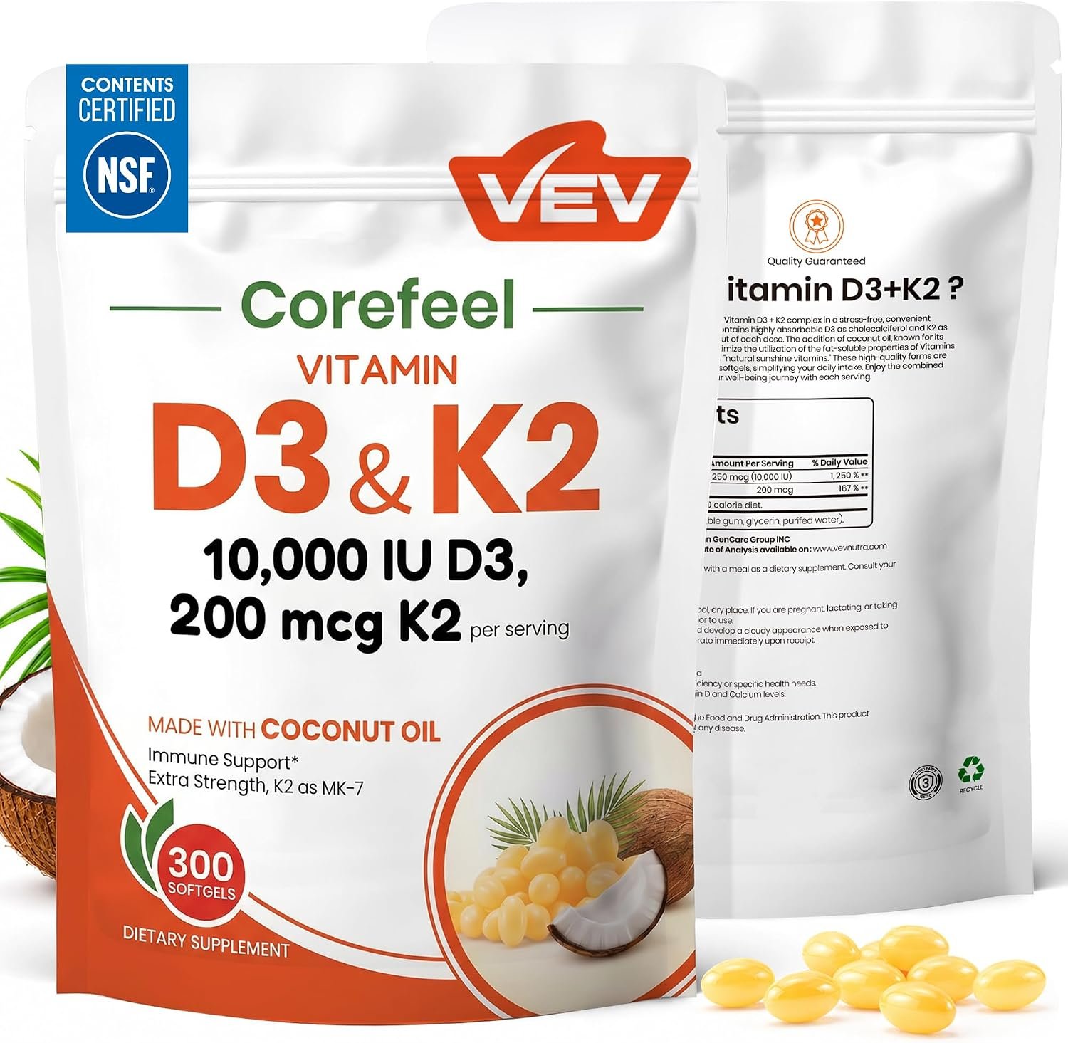 VEV Corefeel Vitamin D3 K2 10,000 IU, 200 mcg MK-7, 300 Softgels