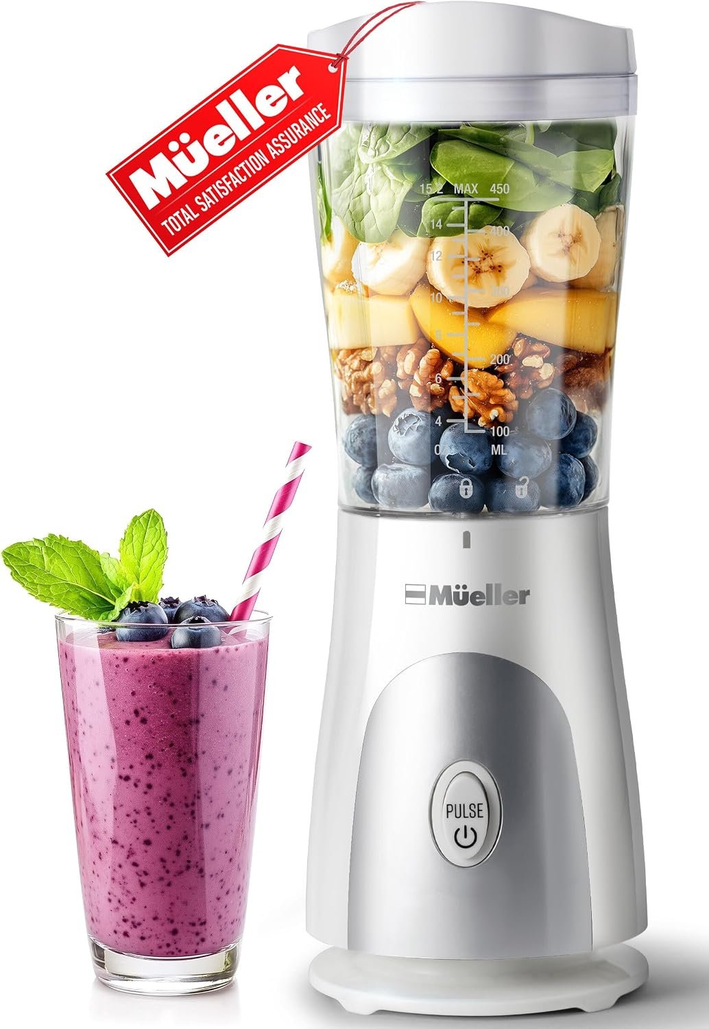 Mueller Heavy-Duty Personal Blender for Shakes and Smoothies with a 15 Oz Travel Cup and Lid, Juices, Baby Food, Portable Blender & Food Processor, White