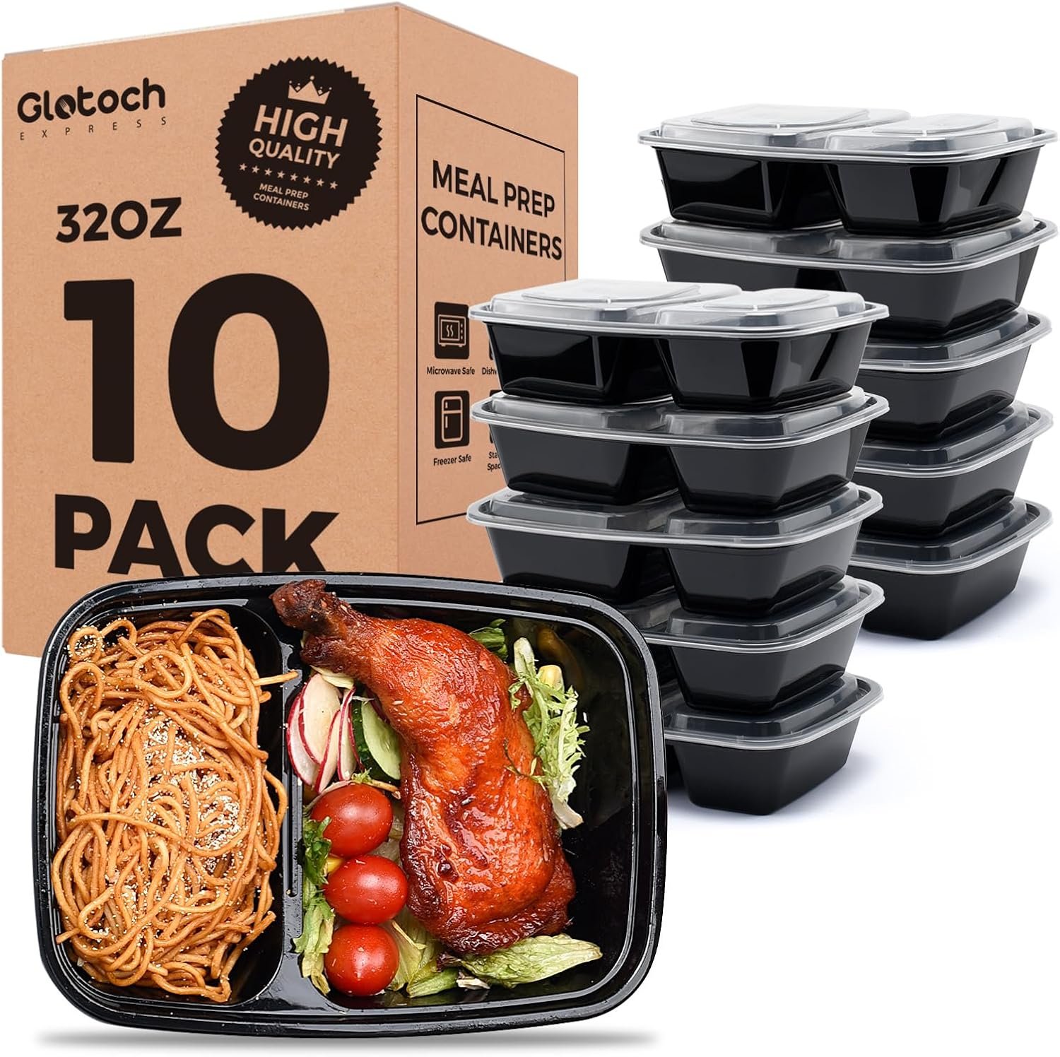 Glotoch Express 10 Pack 32 oz 2-Compartment Meal Prep Containers with Lids