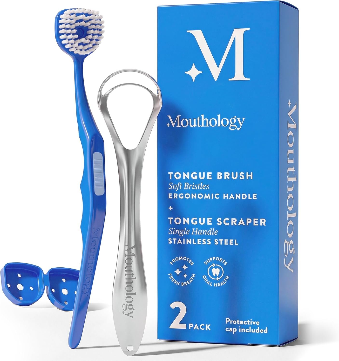 Mouthology Tongue Brush & Tongue Scraper (Combo Pack), Reduce Bad Breath & Improve Oral Hygiene, Tongue Scraper Brush for Adults Ergonomic Handle & Protective Cap, Tongue Cleaner